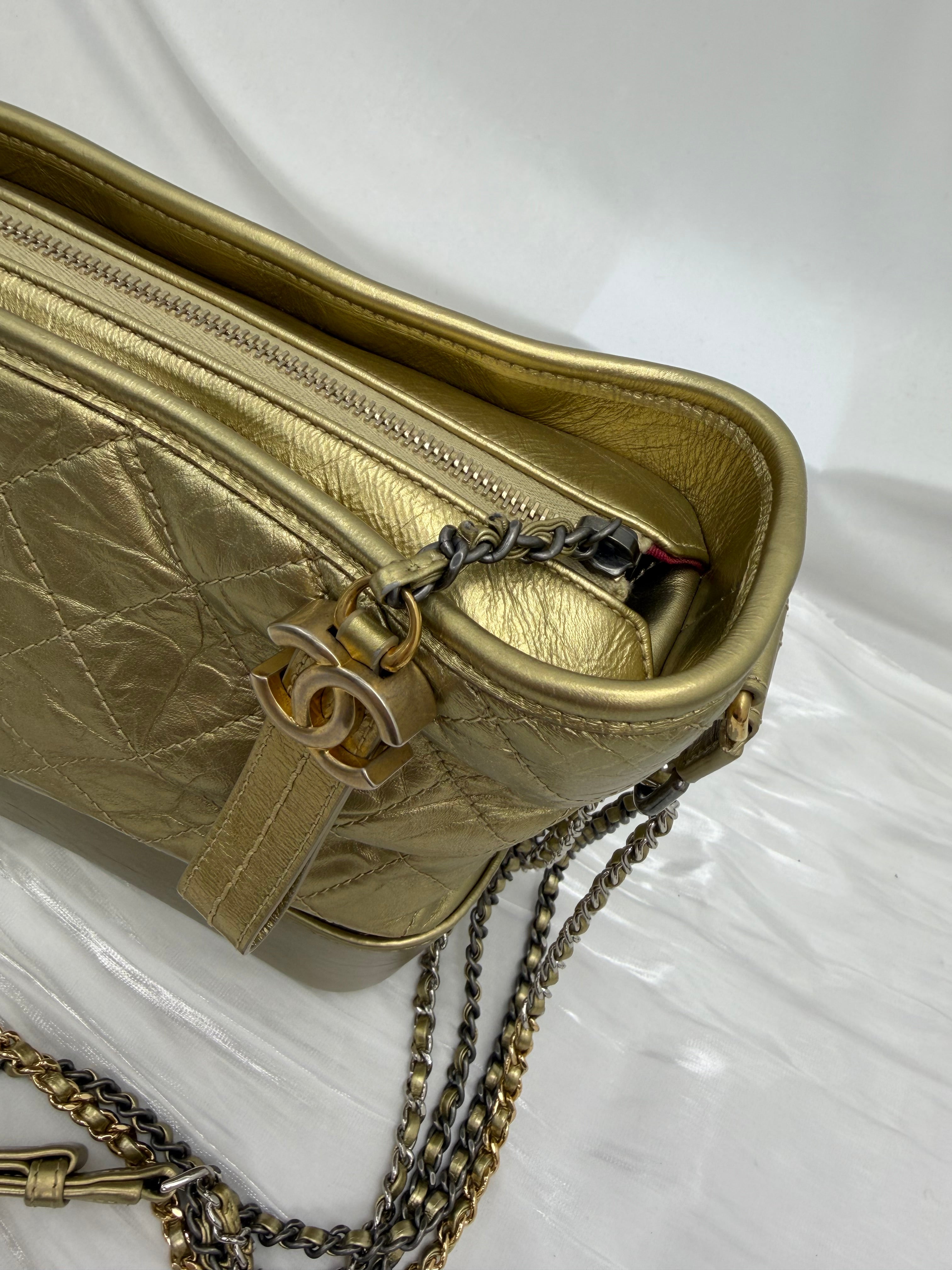 Chanel Metallic Gold Aged Quilted Calfskin Medium Gabrielle Hobo Bag