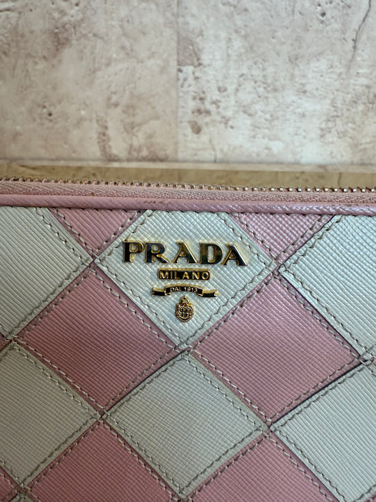 Prada Pink & White Diamond Leather Stitch Zippy Wallet