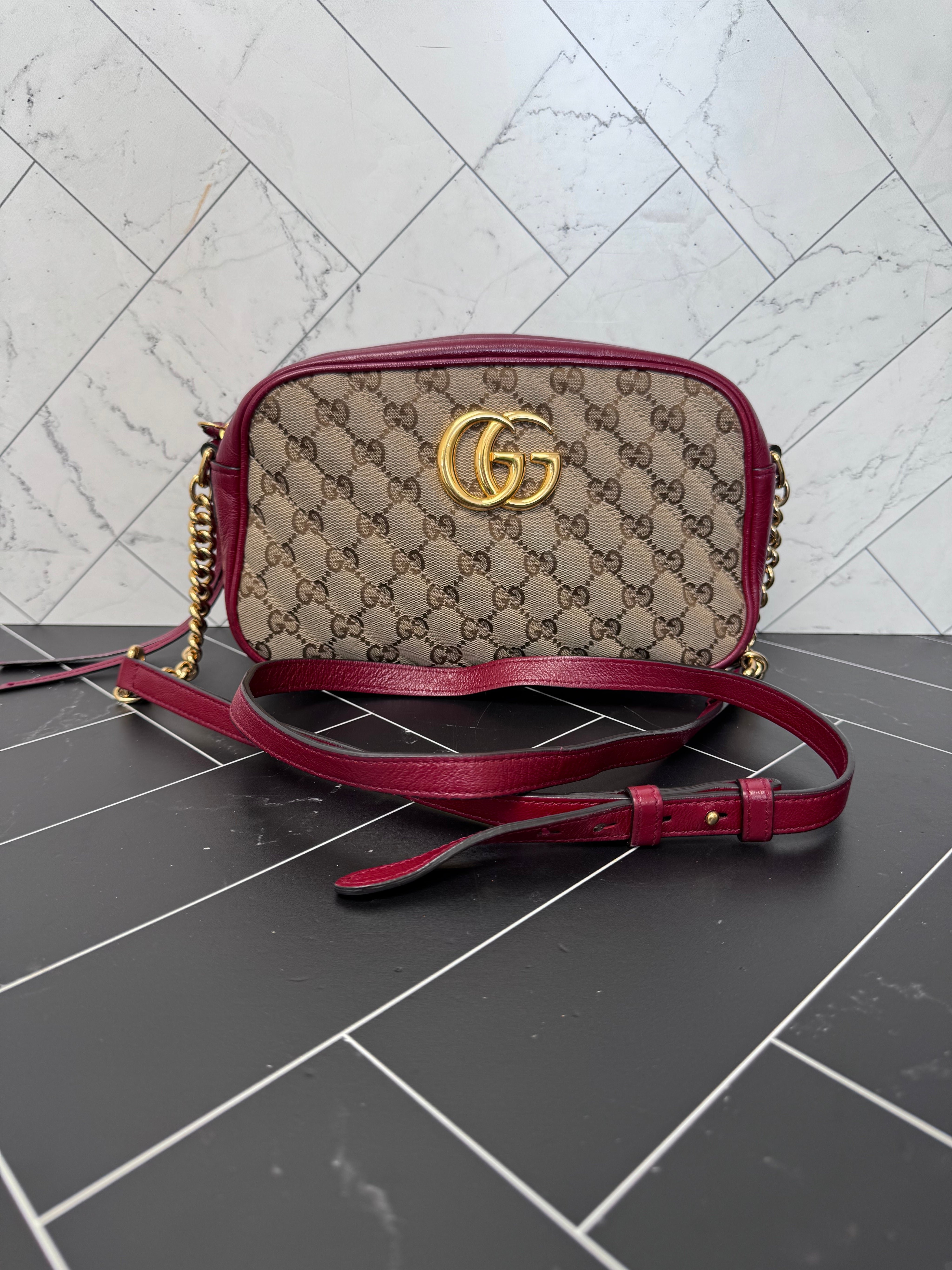 Gucci Tan Canvas & Red Leather Small Marmont Crossbody Bag