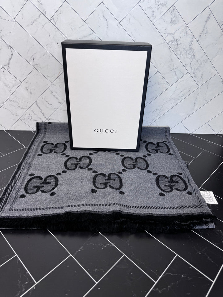Gucci Grey & Black Reversible Wool Scarf