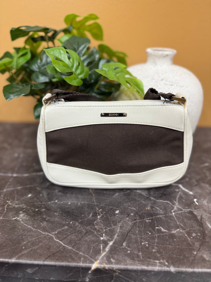 Gucci White Leather & Brown Canvas Mini Shoulder Bag