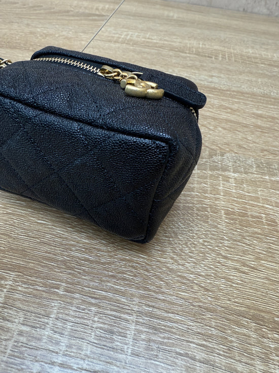 Chanel Black Caviar Quilted Mini Top Handle Vanity With Chain