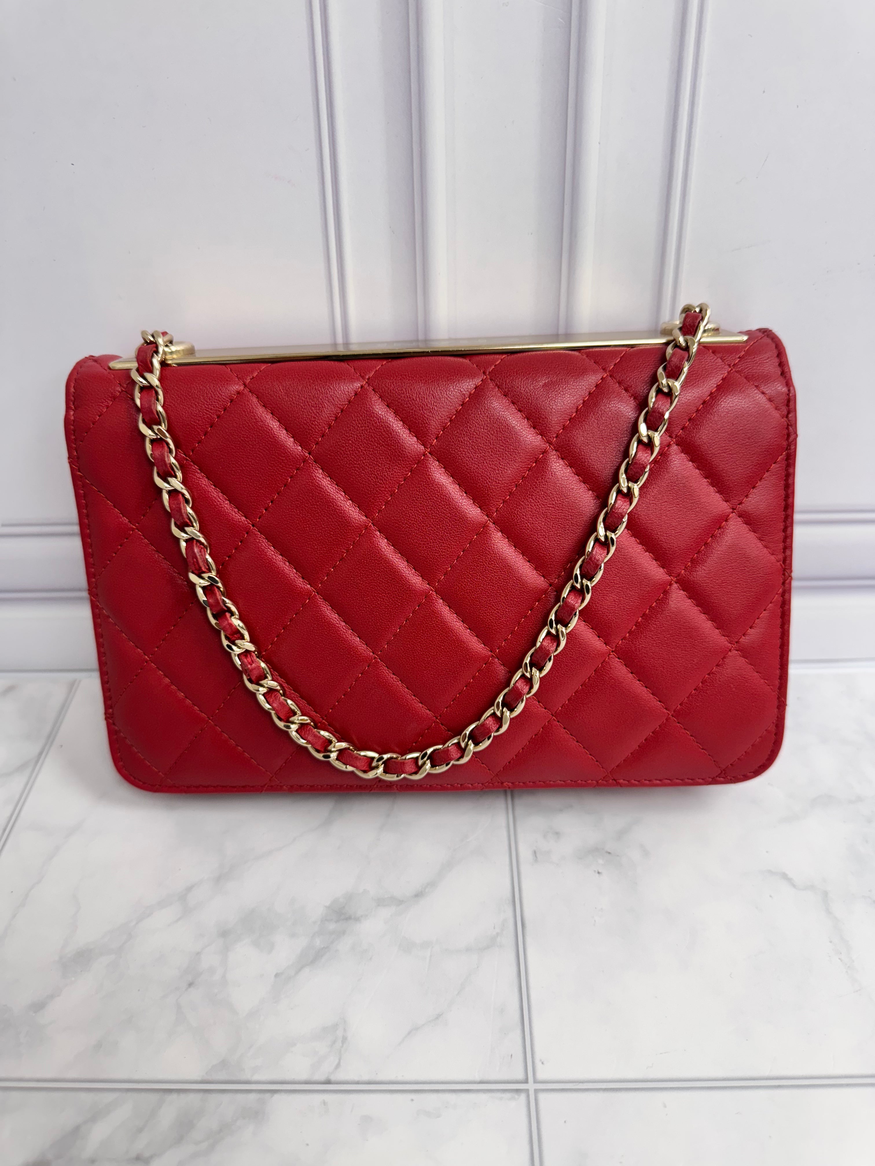 LIKE NEW - Chanel Red Quilted Leather Trendy Wallet On A Chain
