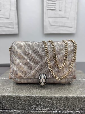 Bvlgari Silver Metallic Foiled Snake Skin Serpenti Cabochon Chain Shoulder Bag