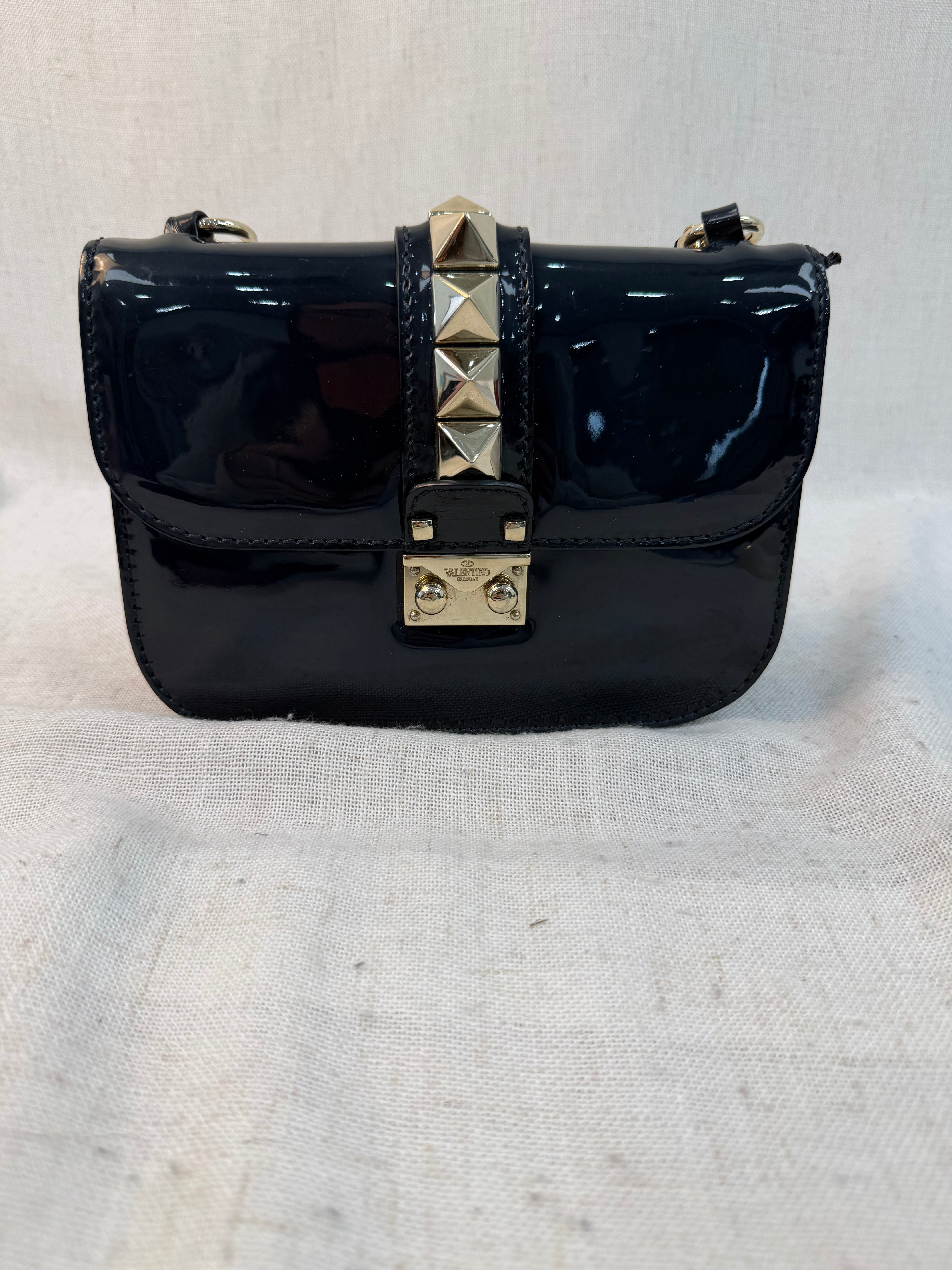 Valentino Navy Patent Leather Glam Lock Rockstud Crossbody
