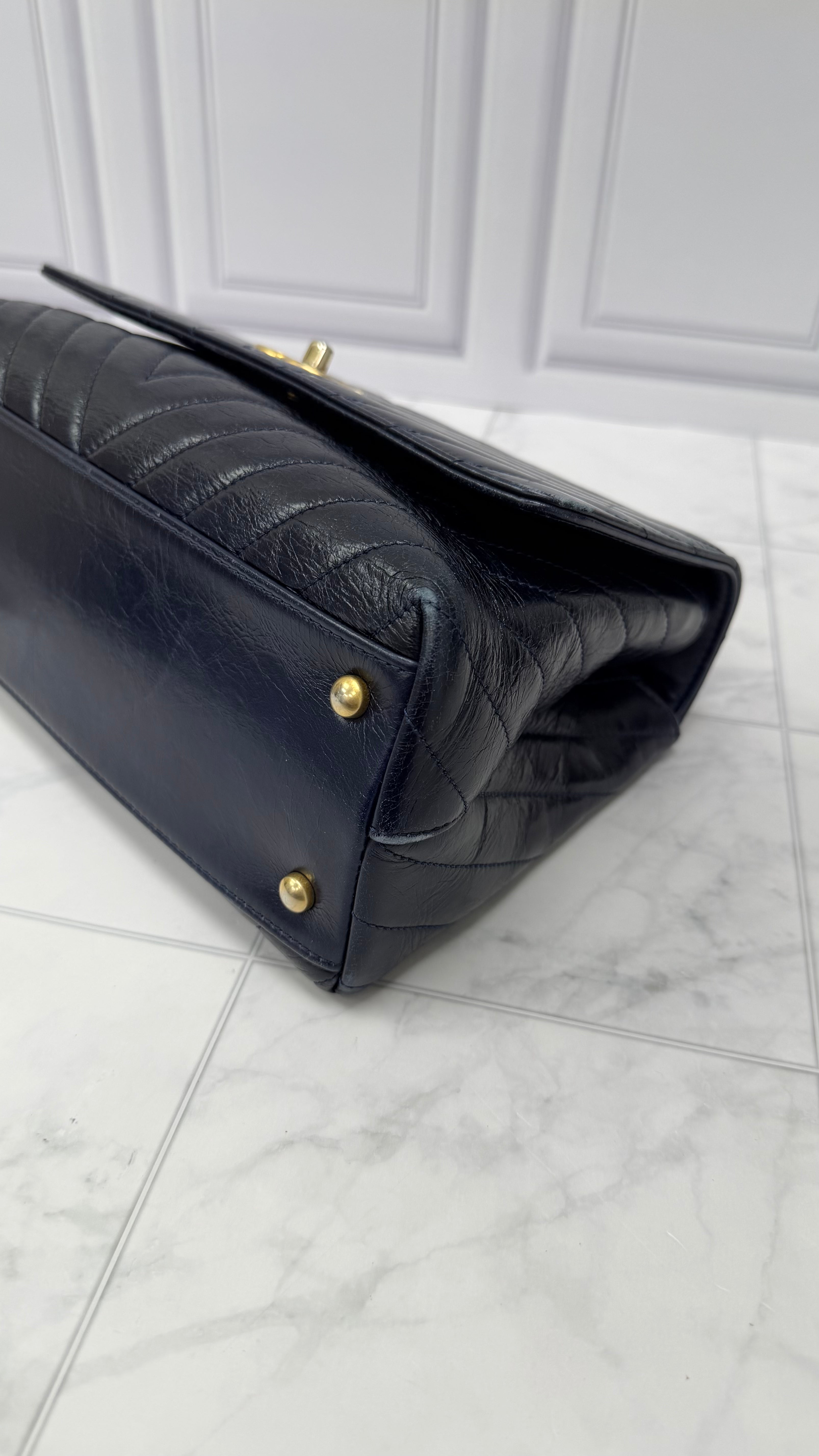 *DONS DROP* Chanel Blue Chevron Quilted Leather Coco Top Handle Bag