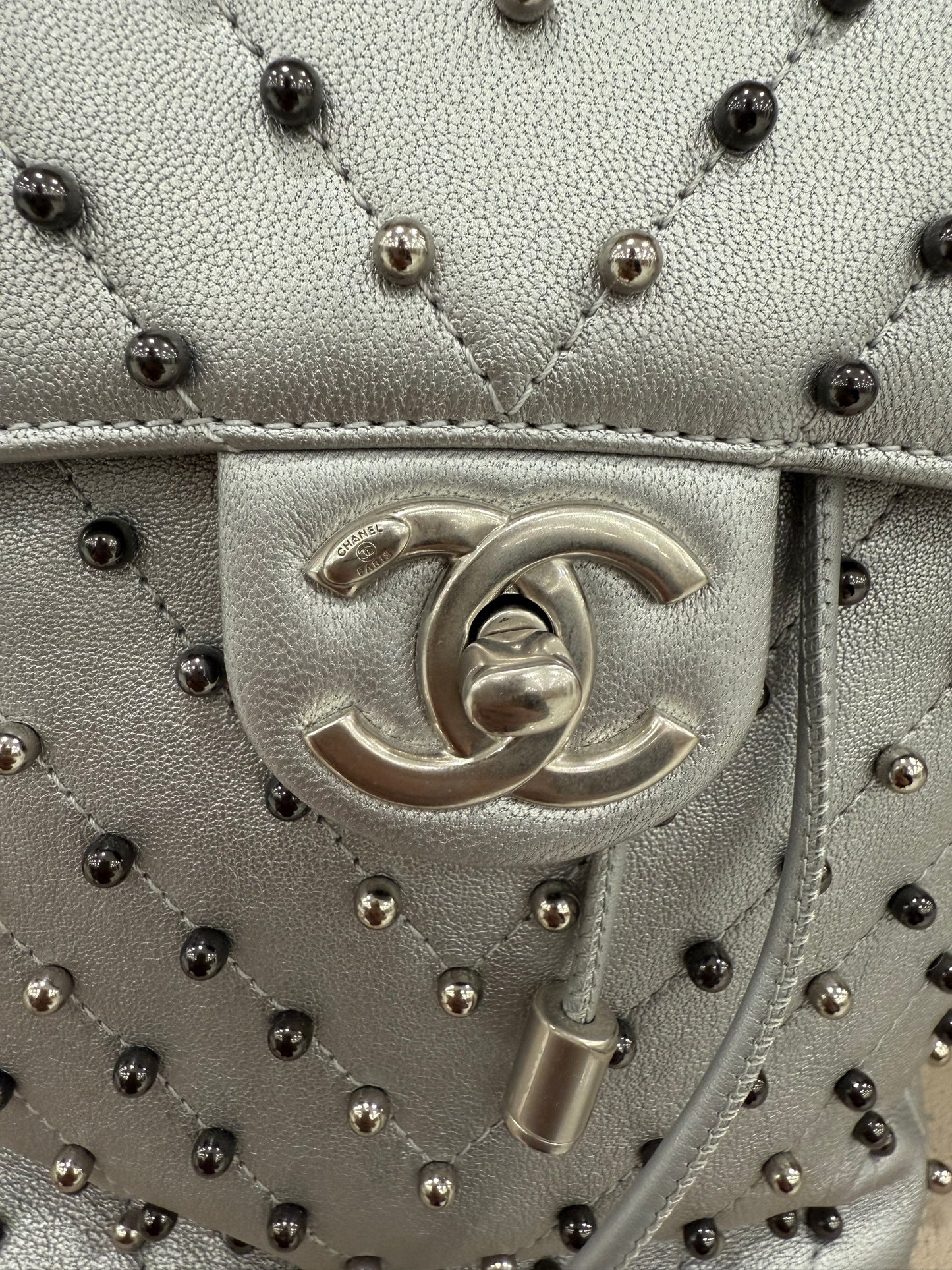 Chanel Silver Metallic Chevron Studded Backpack