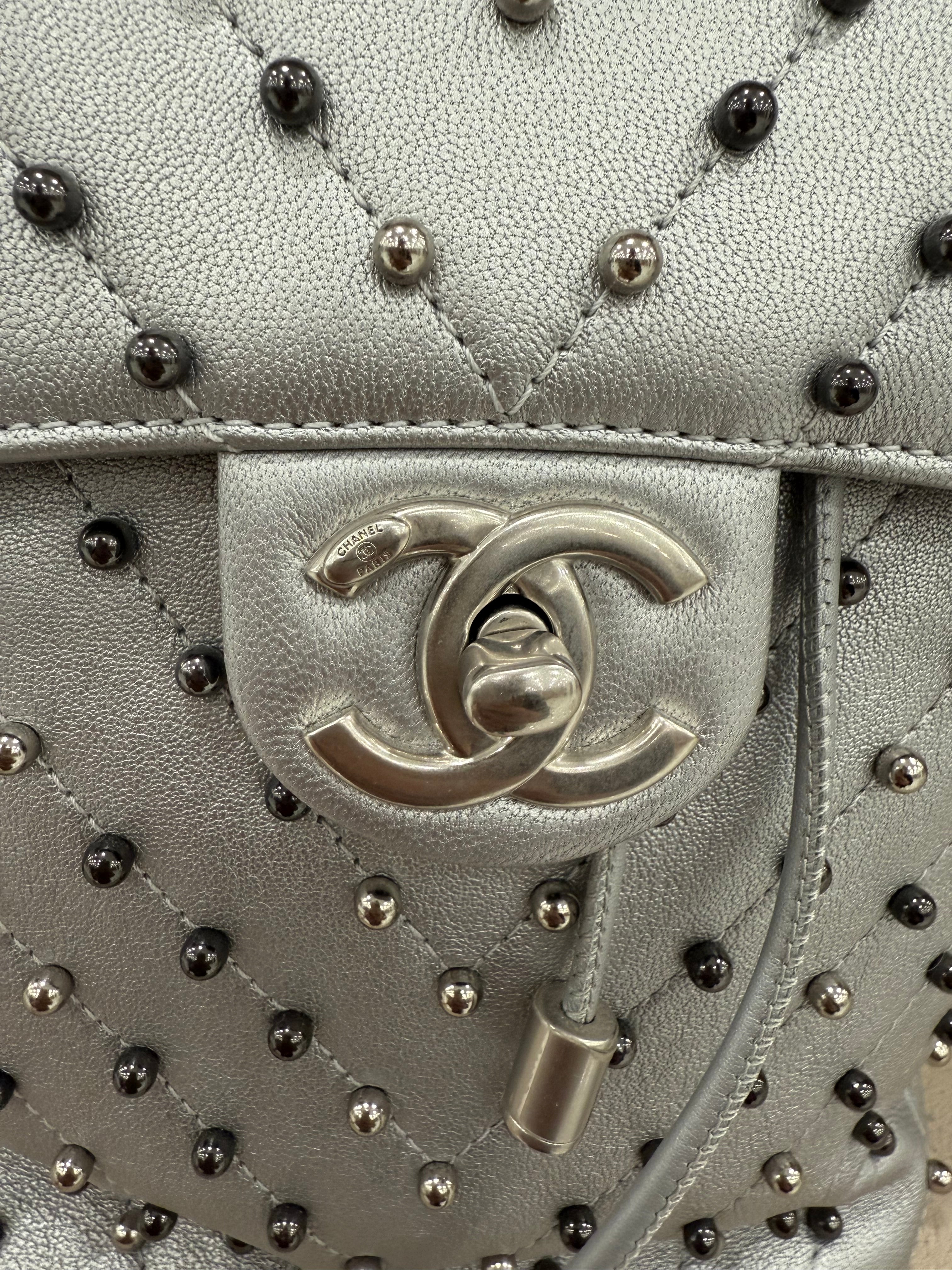 Chanel Silver Metallic Chevron Studded Backpack