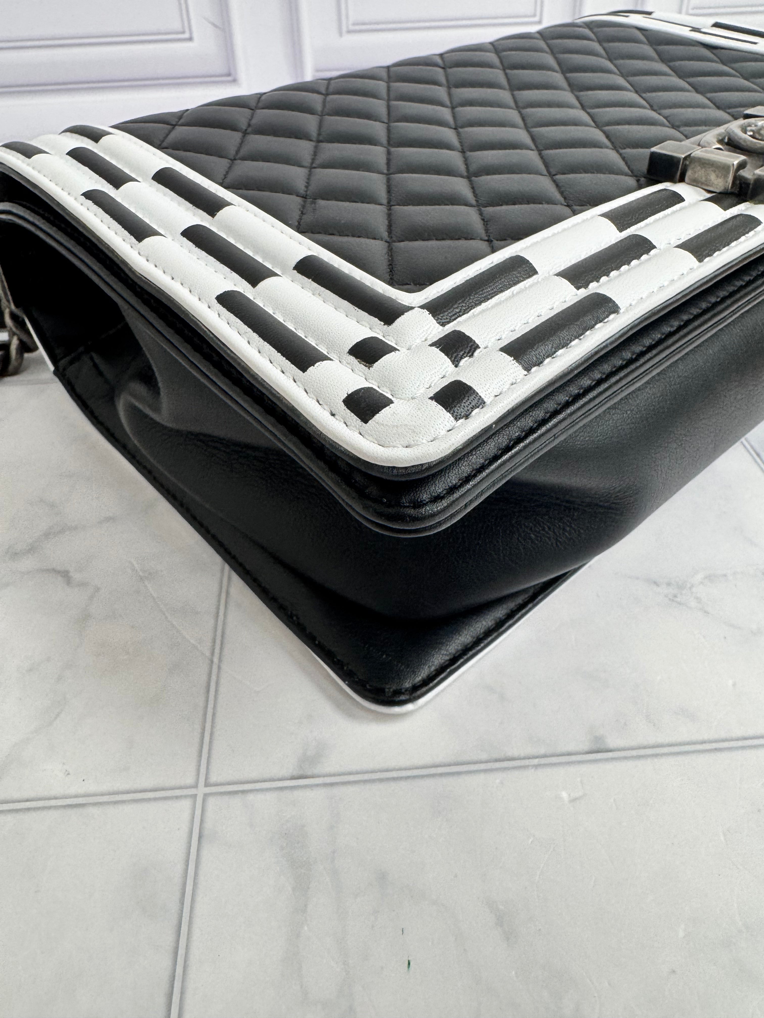 Chanel Black Diamond Quilted Leather Checkerboard Trim Medium Boy Bag