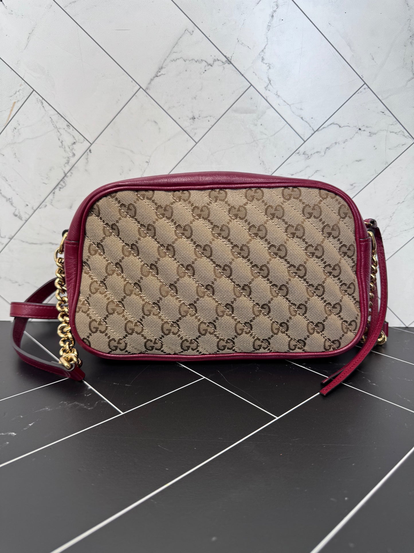 Gucci Tan Canvas & Red Leather Small Marmont Crossbody Bag