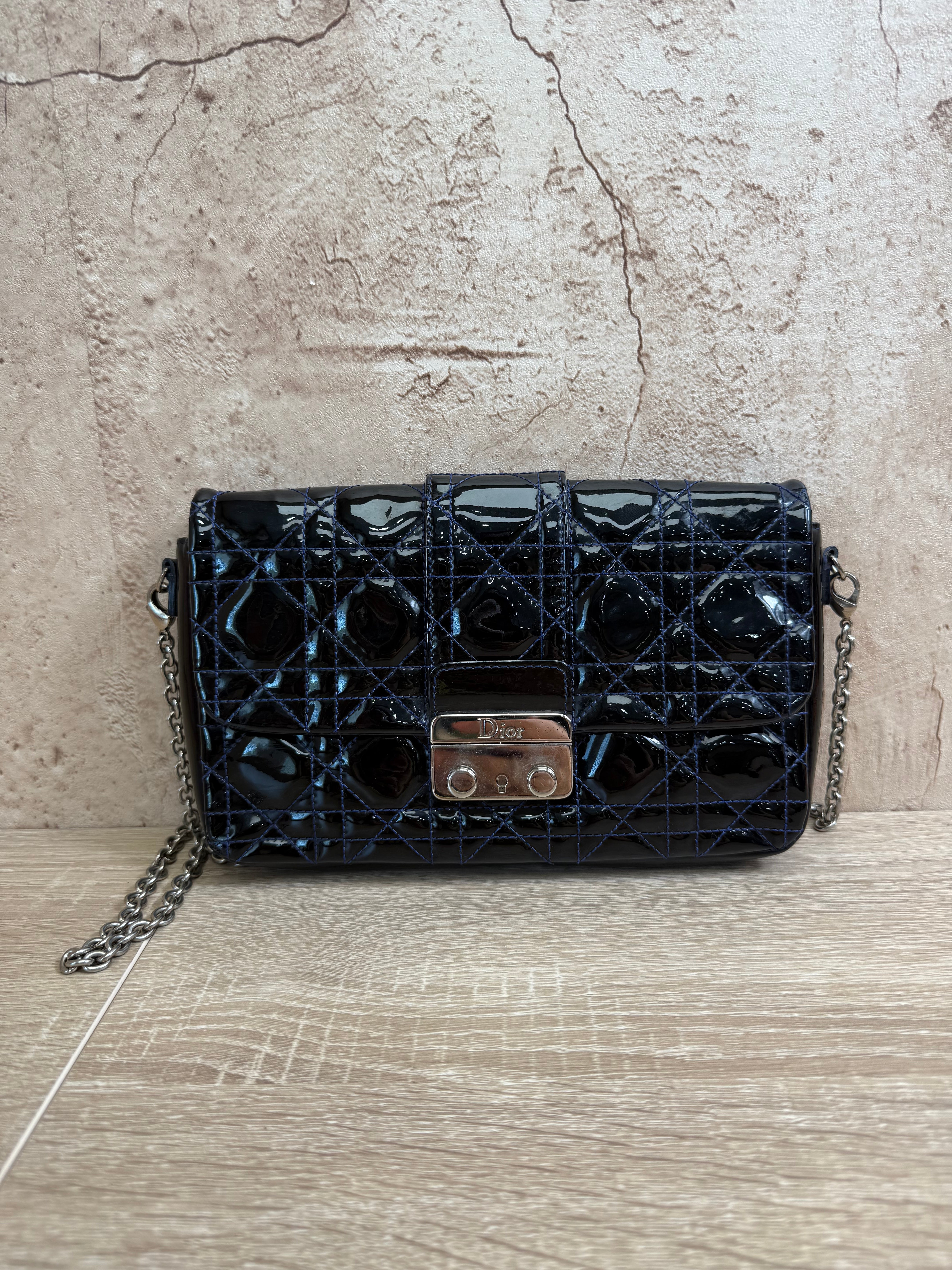 Christian Dior Navy Patent Leather Cannage Chain Crossbody Bag