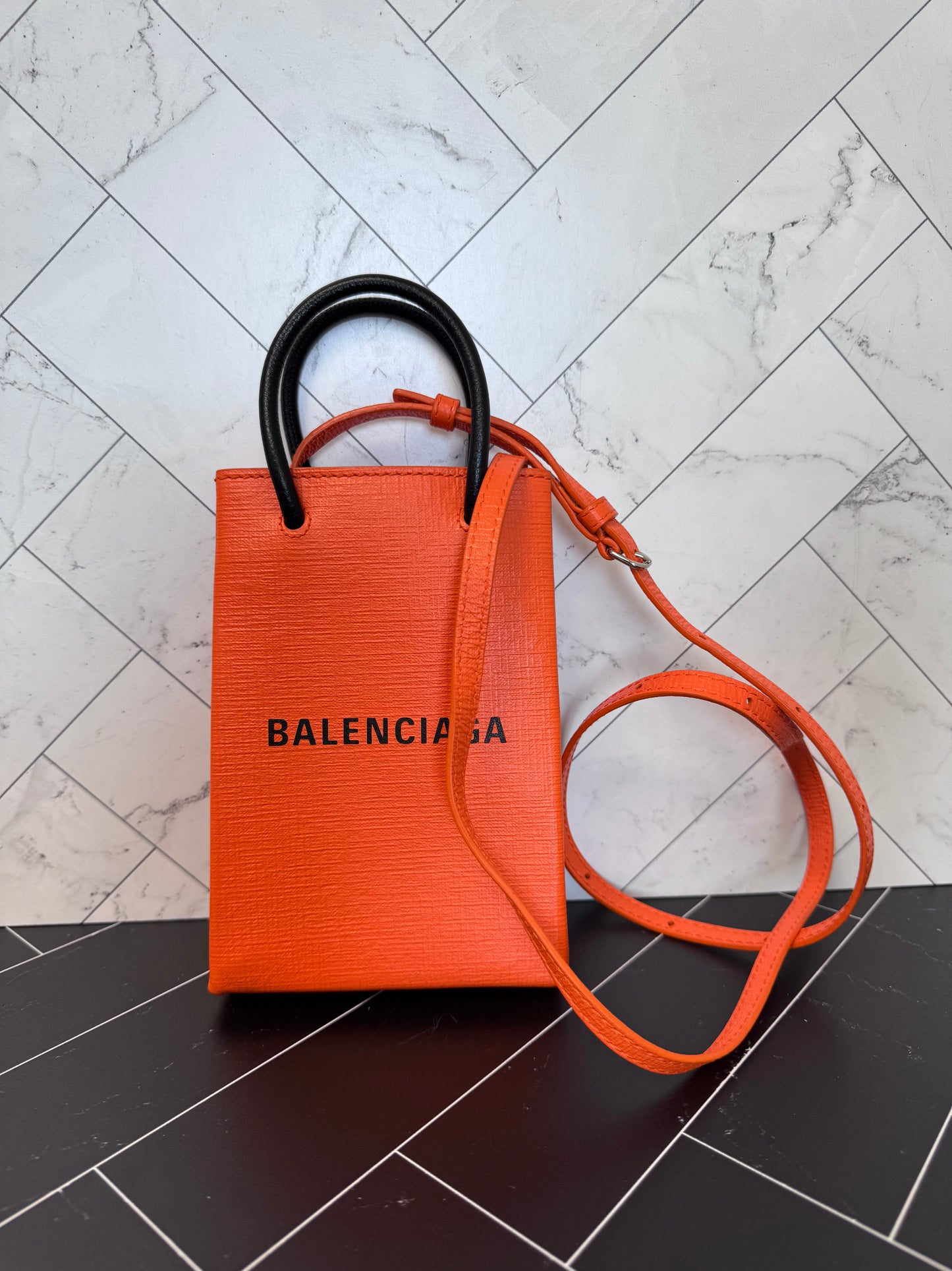 Balenciaga Orange Leather Shopping Phone Crossbody