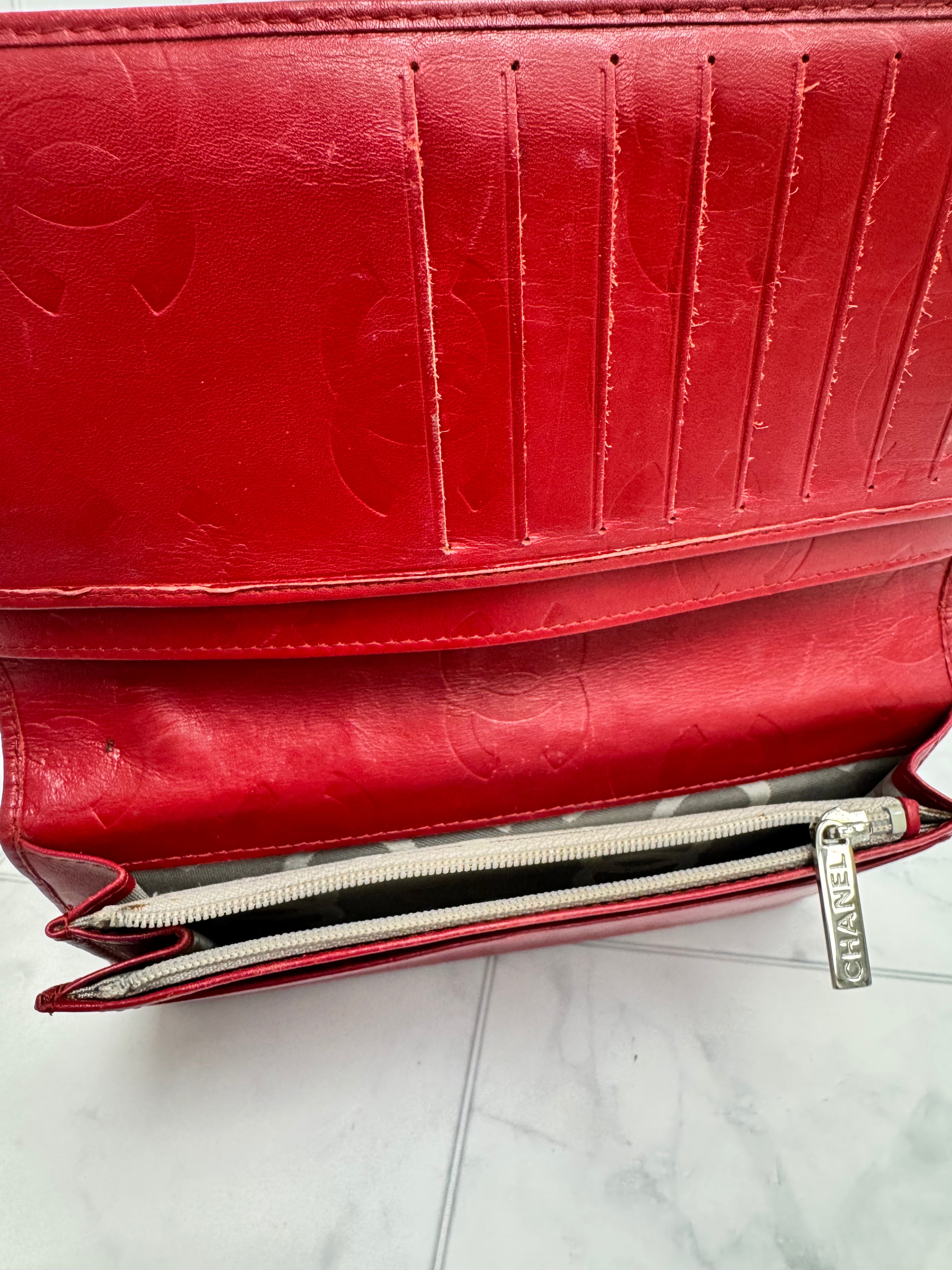 Chanel Red Diamond Quilted Leather Long Wallet