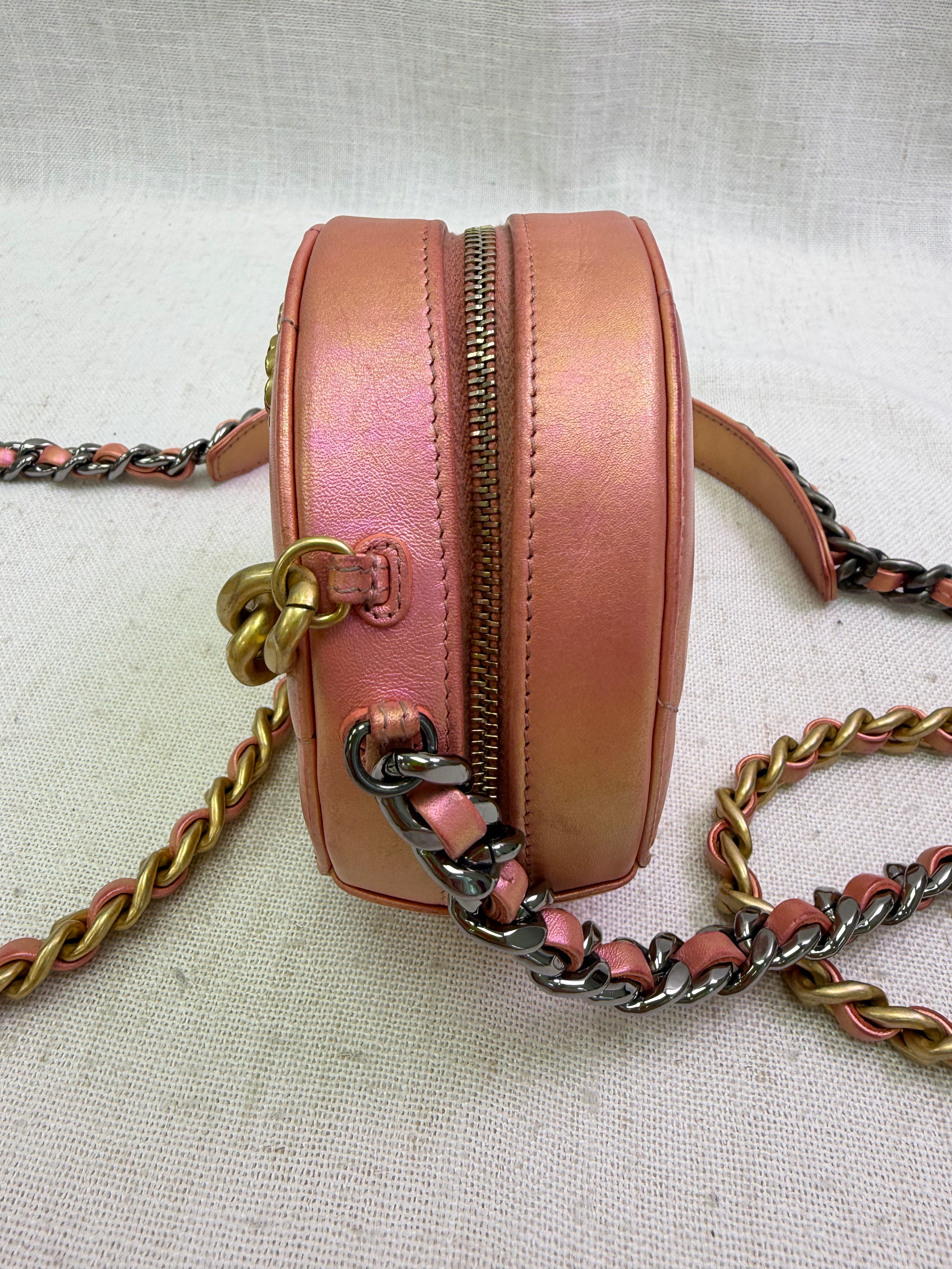 Chanel Pink Iridescent Chanel 19 Round Clutch on a Chain