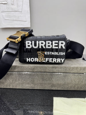 LIKE NEW - Burberry Black And White Quilted Patent Leather Horseferry Belt Bag