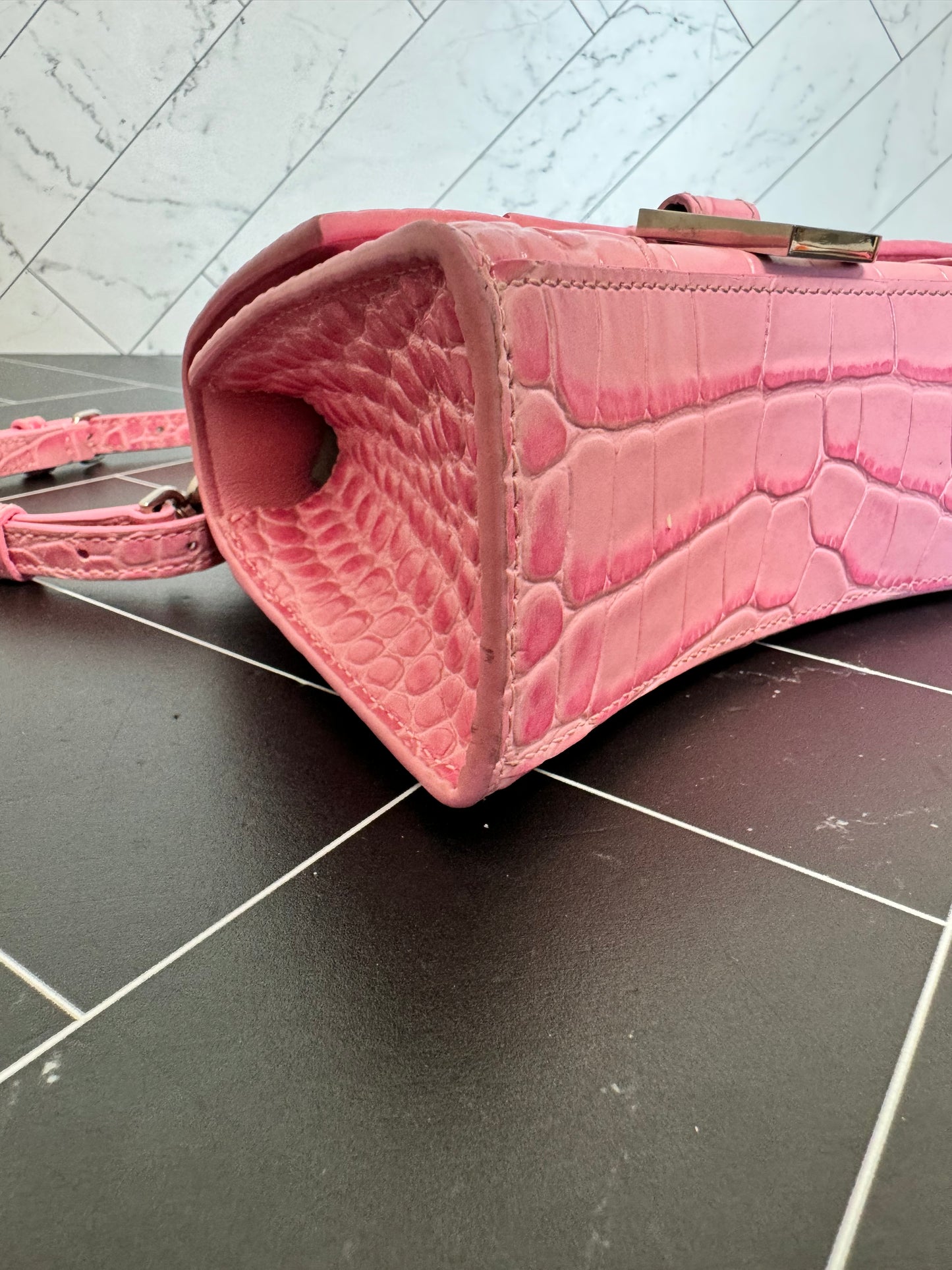 Balenciaga Pink Croc Embossed 2Way XS Hourglass Bag