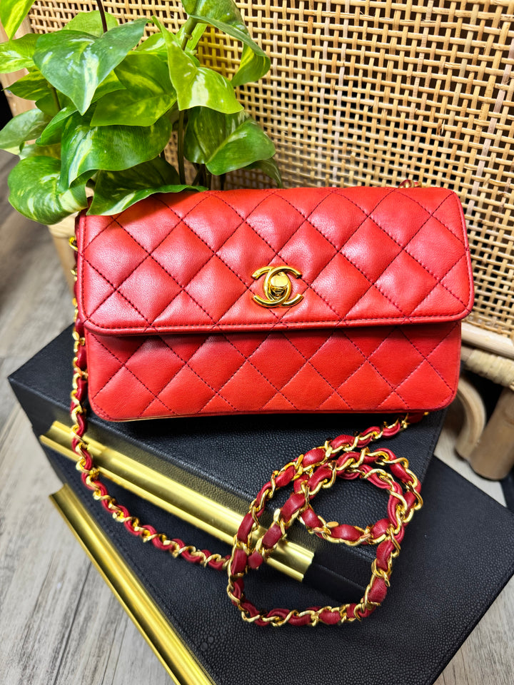 Chanel 24k Gold Plated Vintage Red Single Flap Crossbody Bag