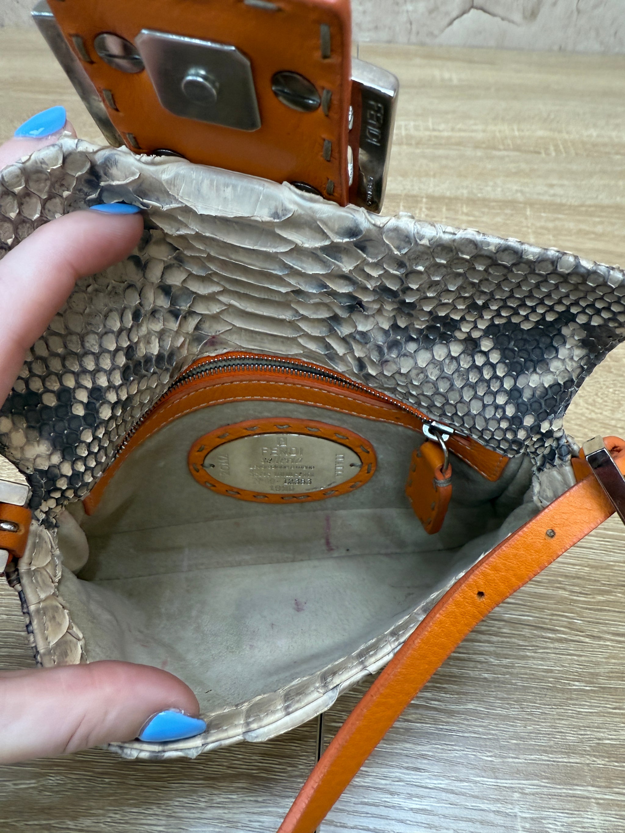 Fendi Orange Leather and Python Selleria Baguette Bag