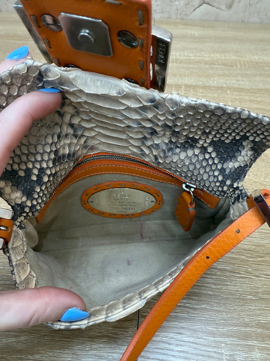 Fendi Orange Leather and Python Selleria Baguette Bag