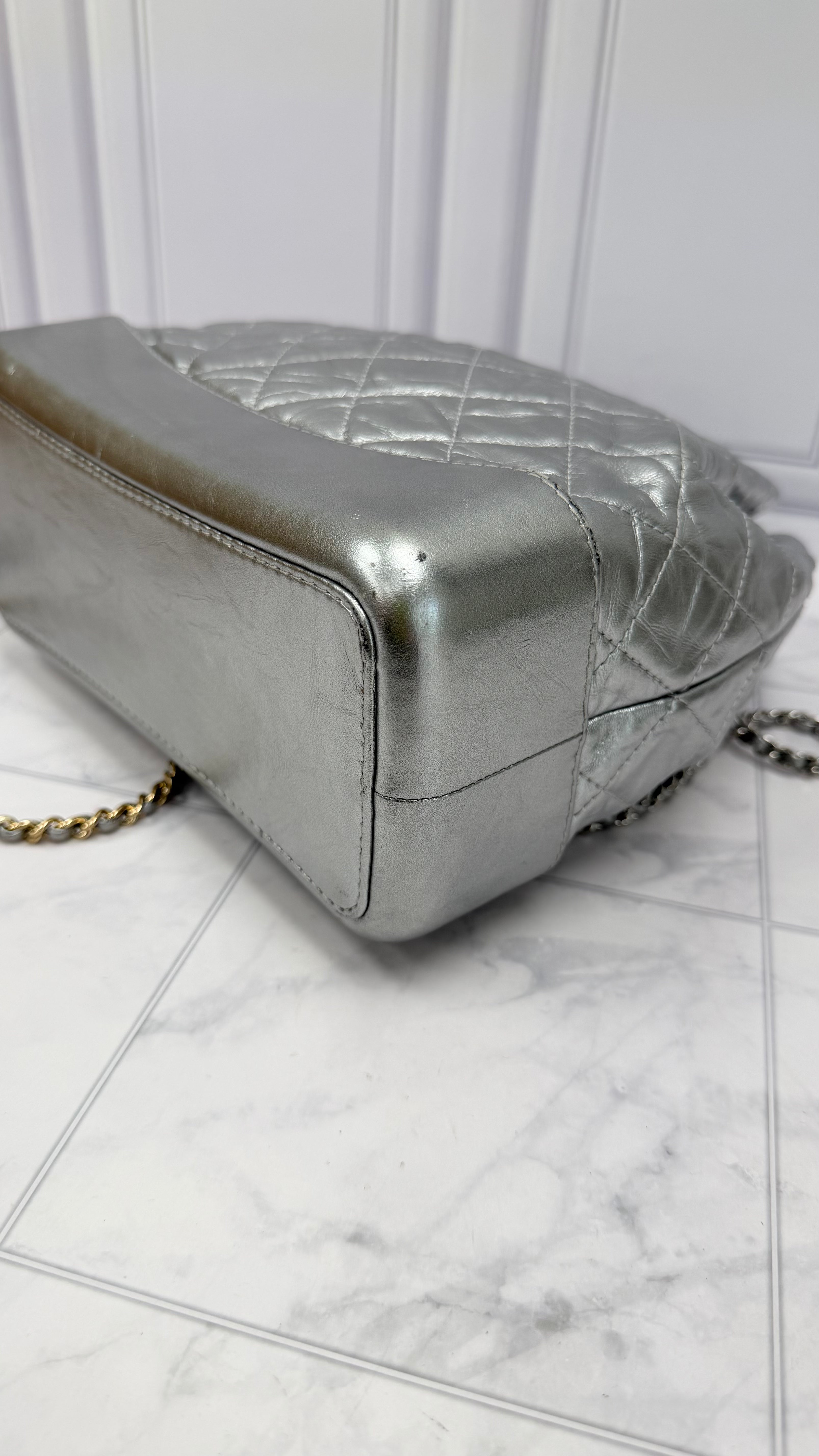 Chanel Silver Crumpled Calfskin Small Gabrielle Backpack