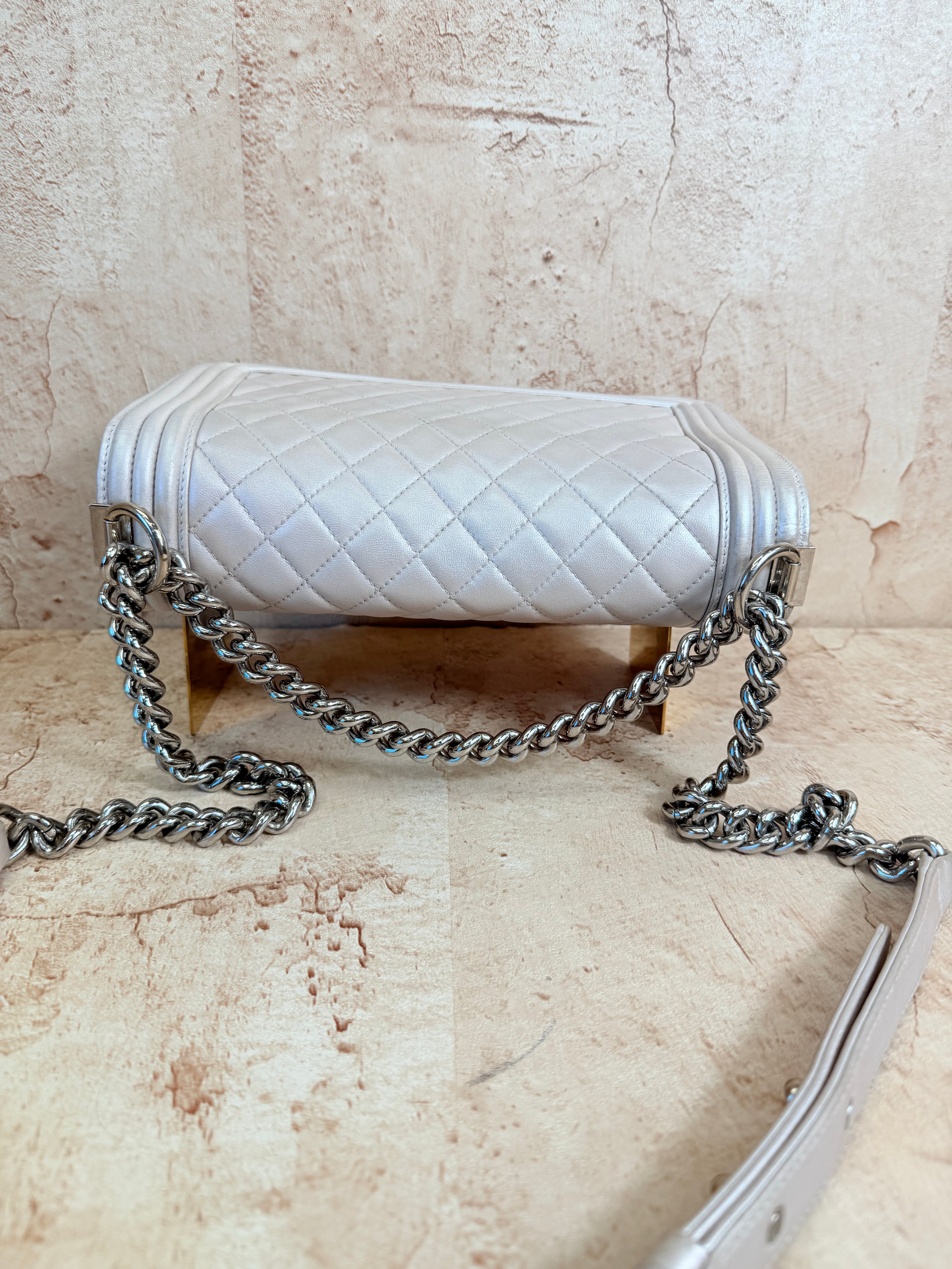 Chanel Iridescent Silver Quilted Lambskin Medium Boy Bag