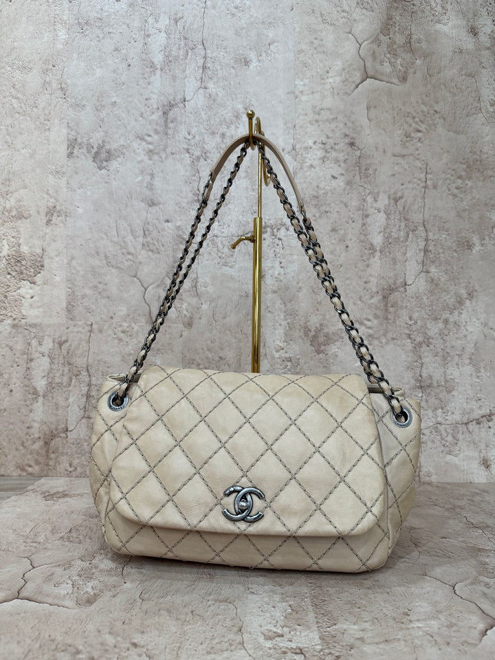 Chanel Beige Caviar Wild Stitch Jumbo Flap Crossbody Bag