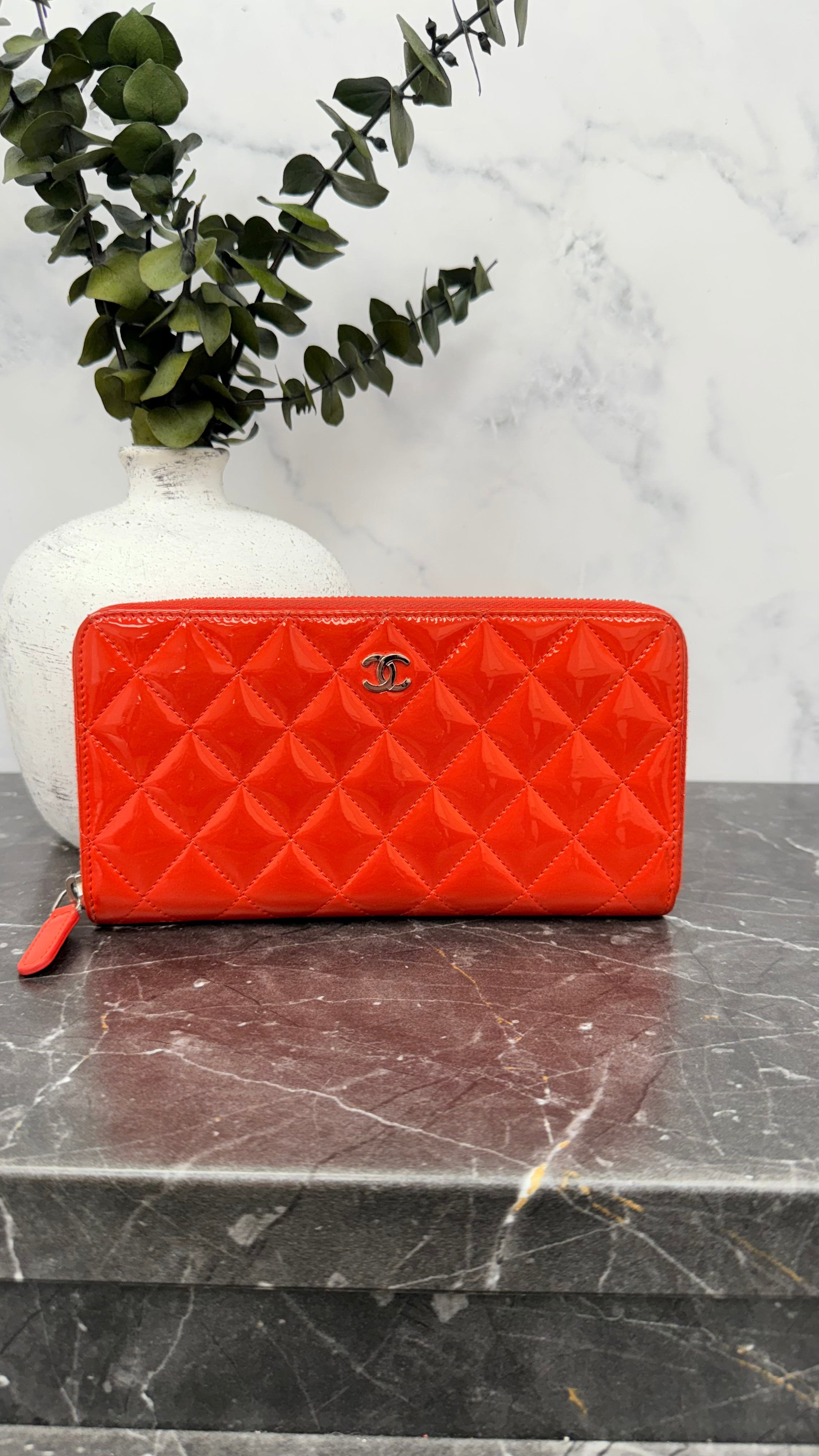Chanel Red Patent Leather Quilted Zippy Wallet