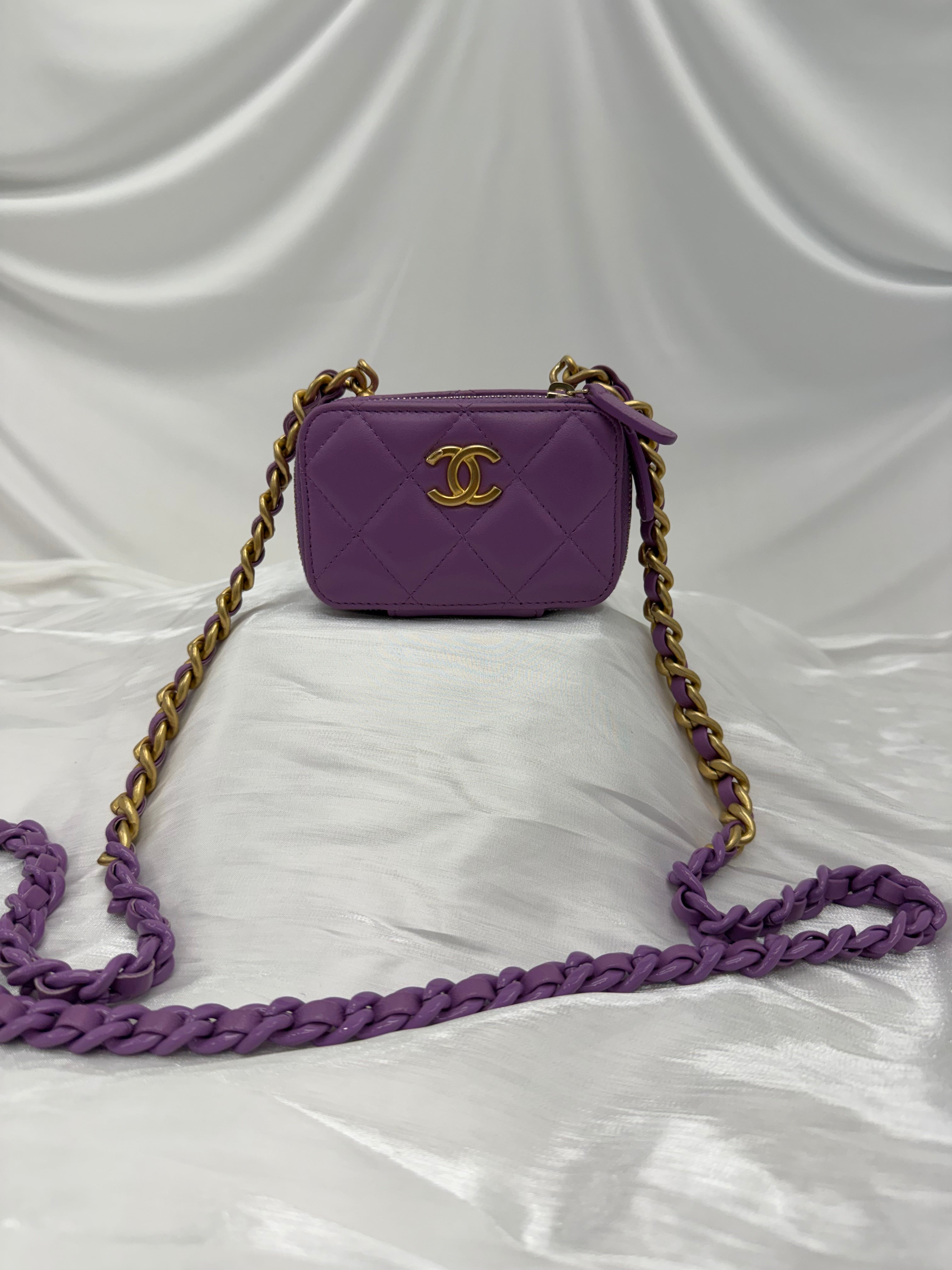 Like New- Chanel Purple Quilted Lambskin Mini CC Zip Around Card Holder on a Chain