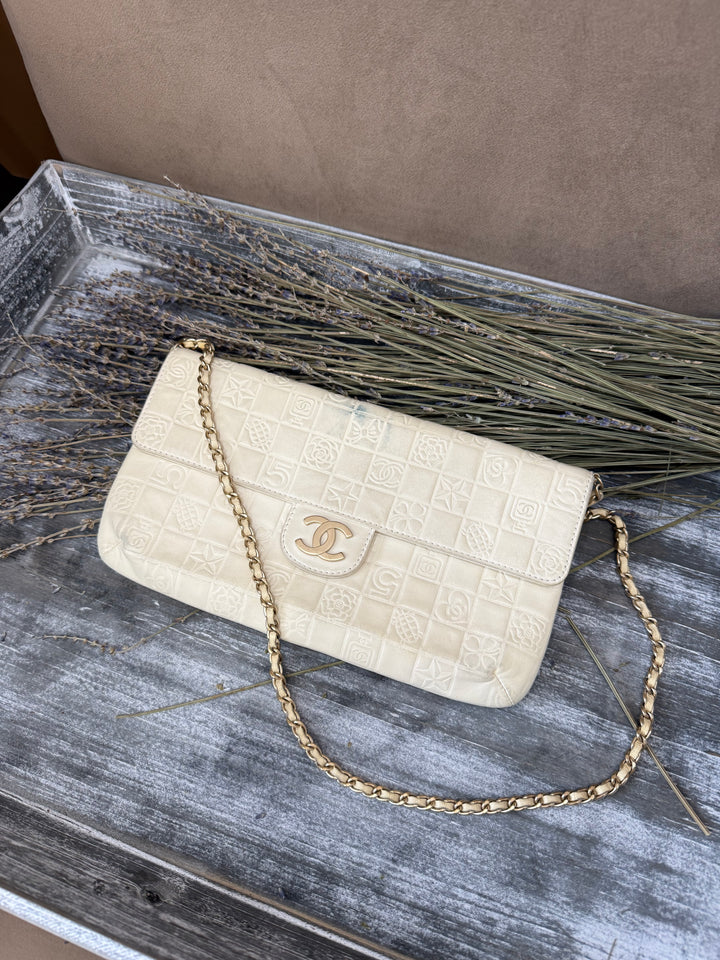 Chanel Cream Chocolate Bar Embossed Calfskin Single Flap Bag