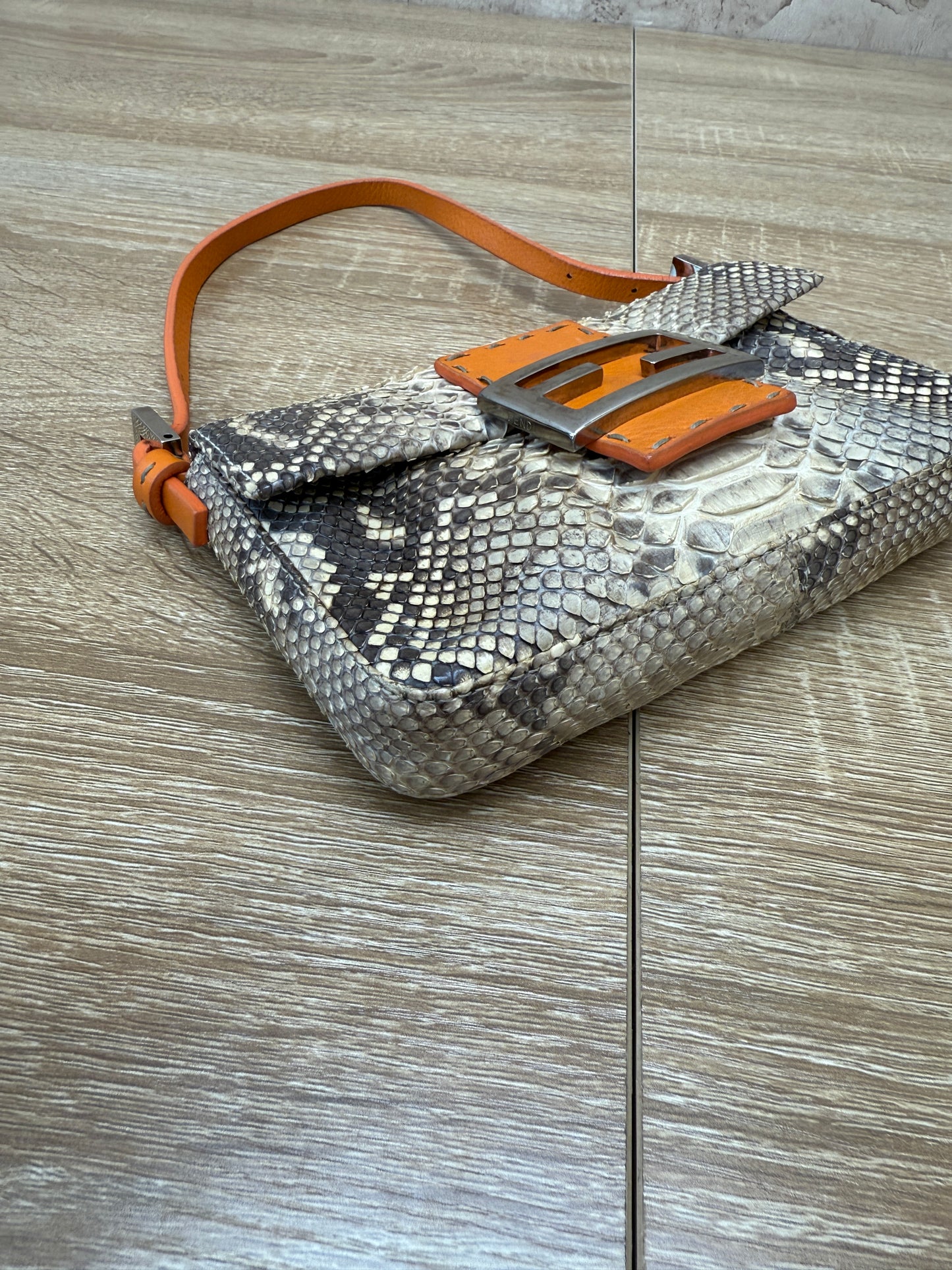 Fendi Orange Leather and Python Selleria Baguette Bag