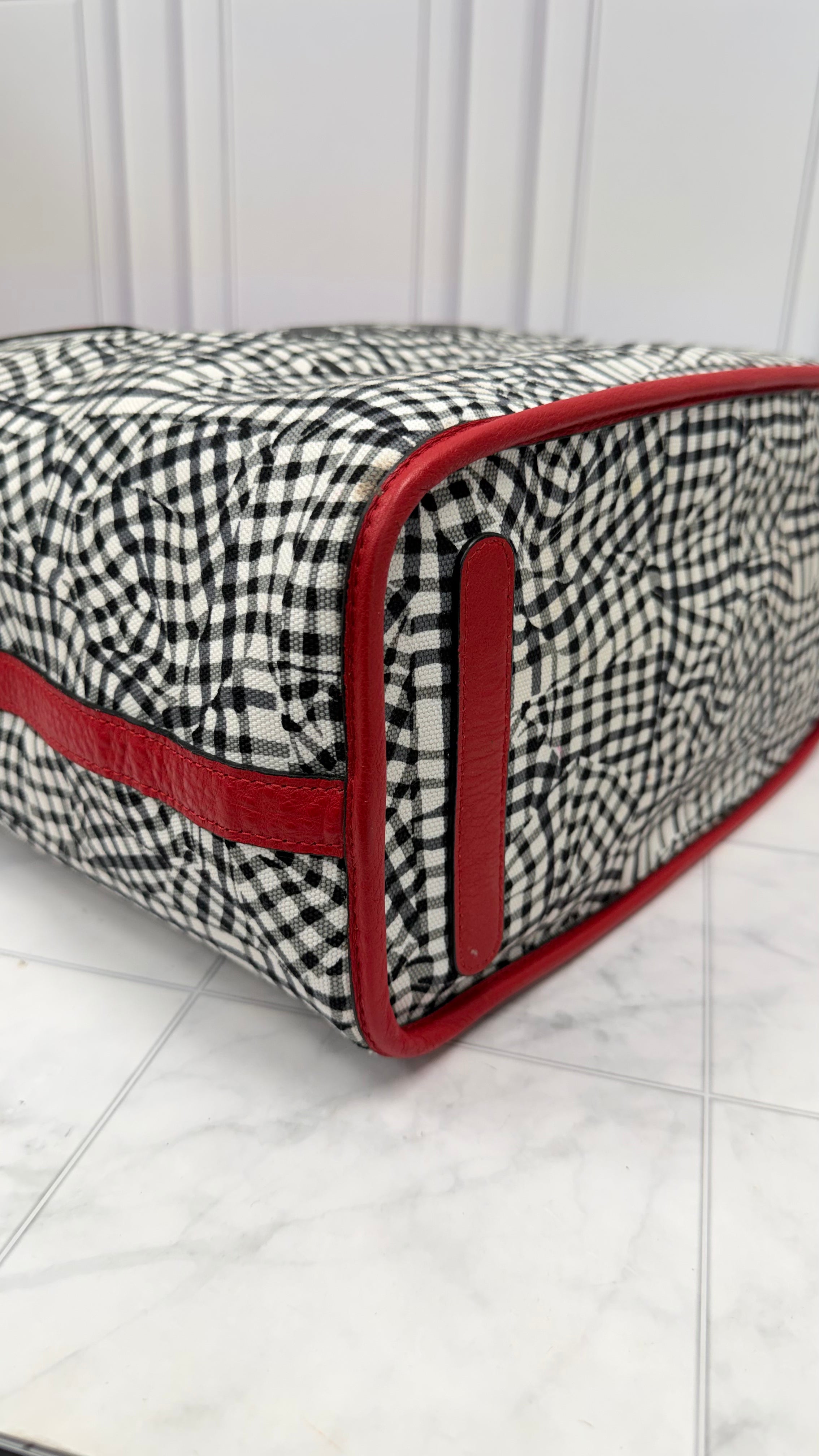 MCM White & Black Checkered Canvas & Red Visetos Leather Reversible Tote