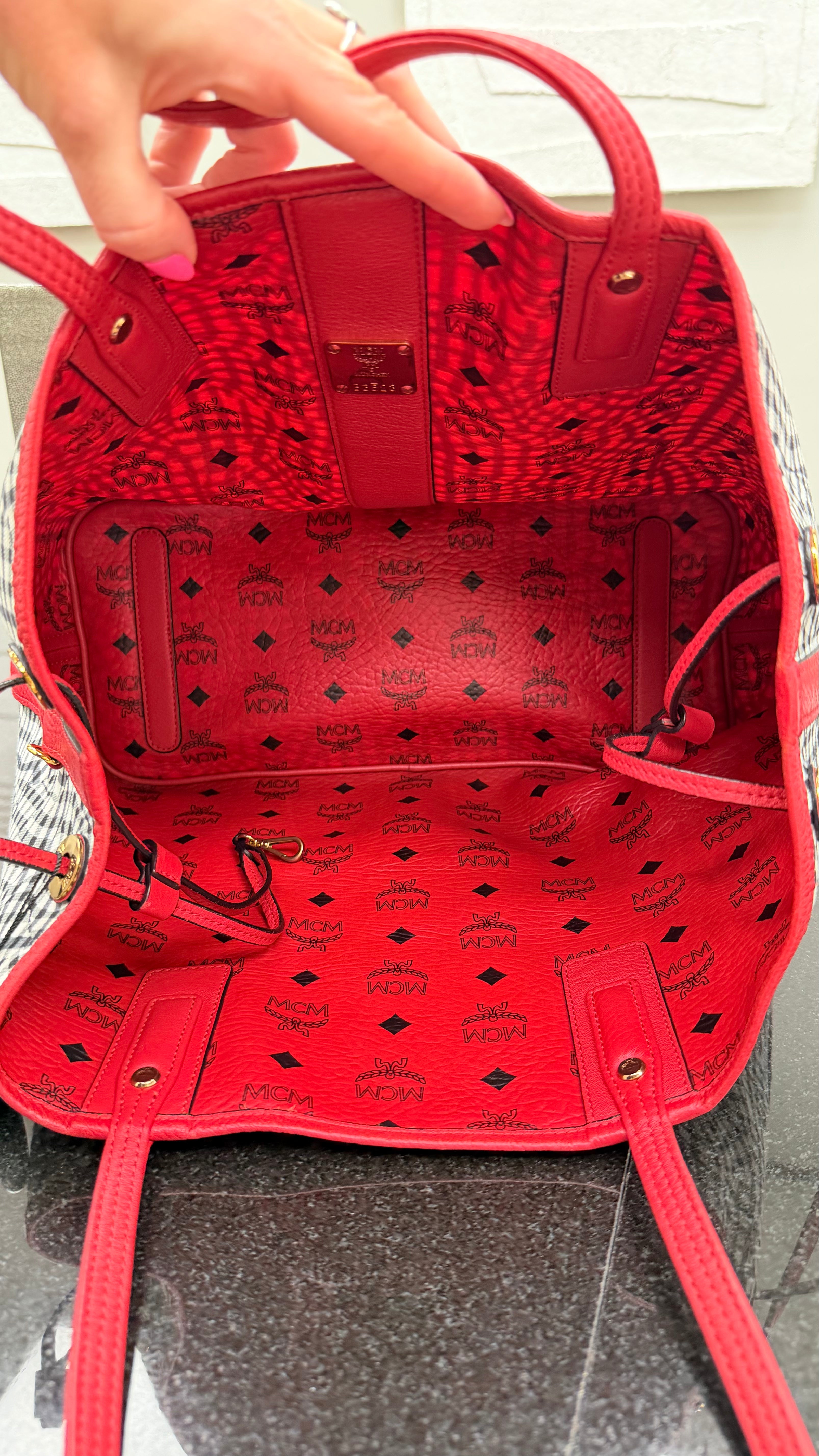 MCM White & Black Checkered Canvas & Red Visetos Leather Reversible Tote