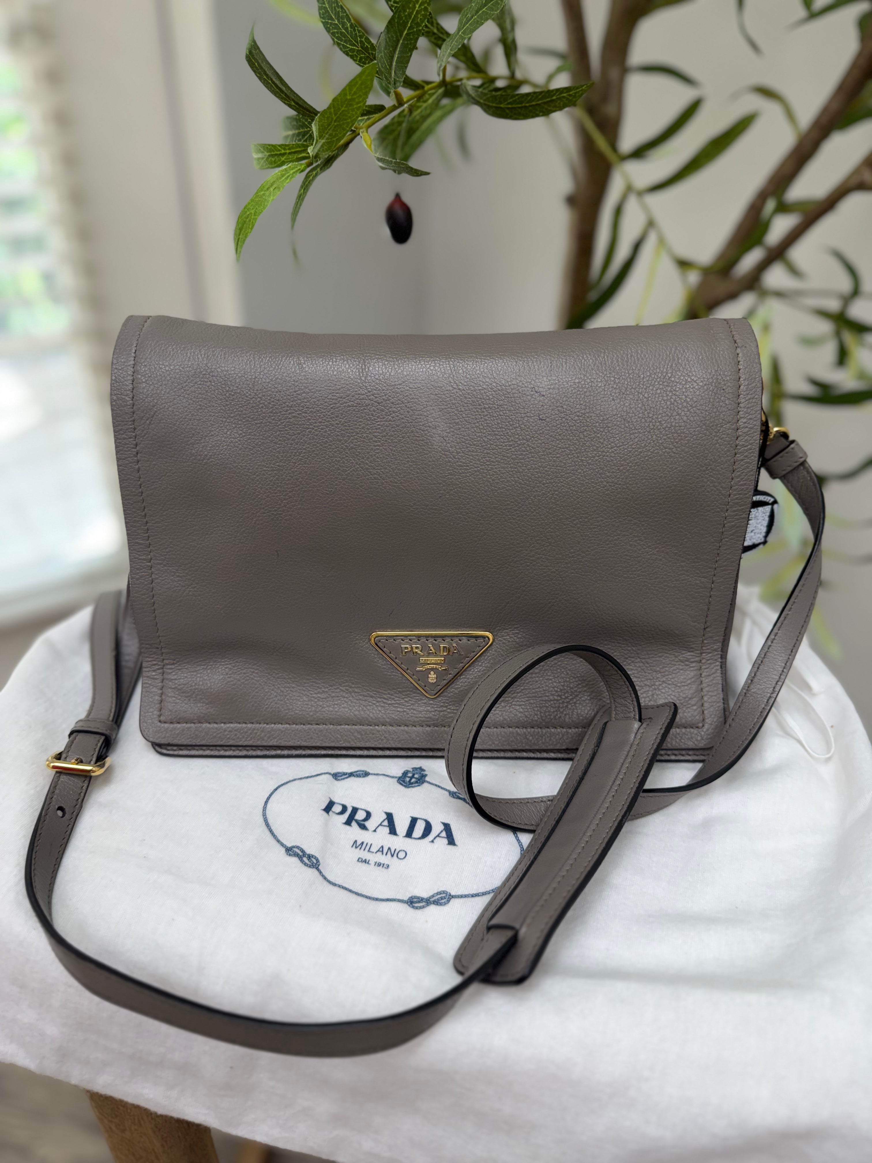 Prada Grey Leather Glace Flap Messenger Bag