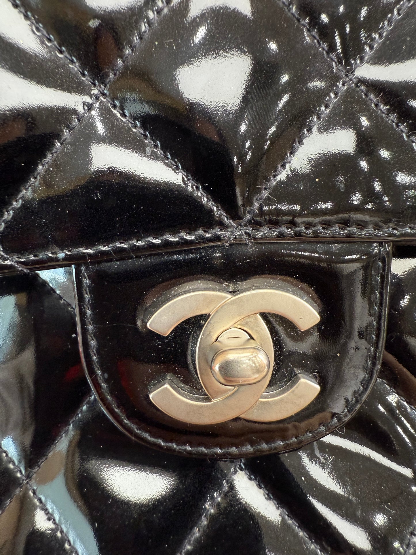 Chanel Quilted Black Patent Leather Flap Bag