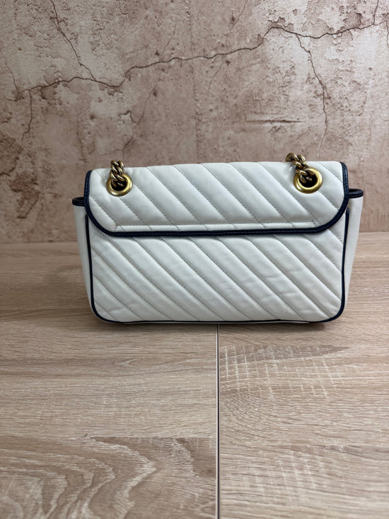 Gucci White And Navy GG Marmont Medium Flap Bag