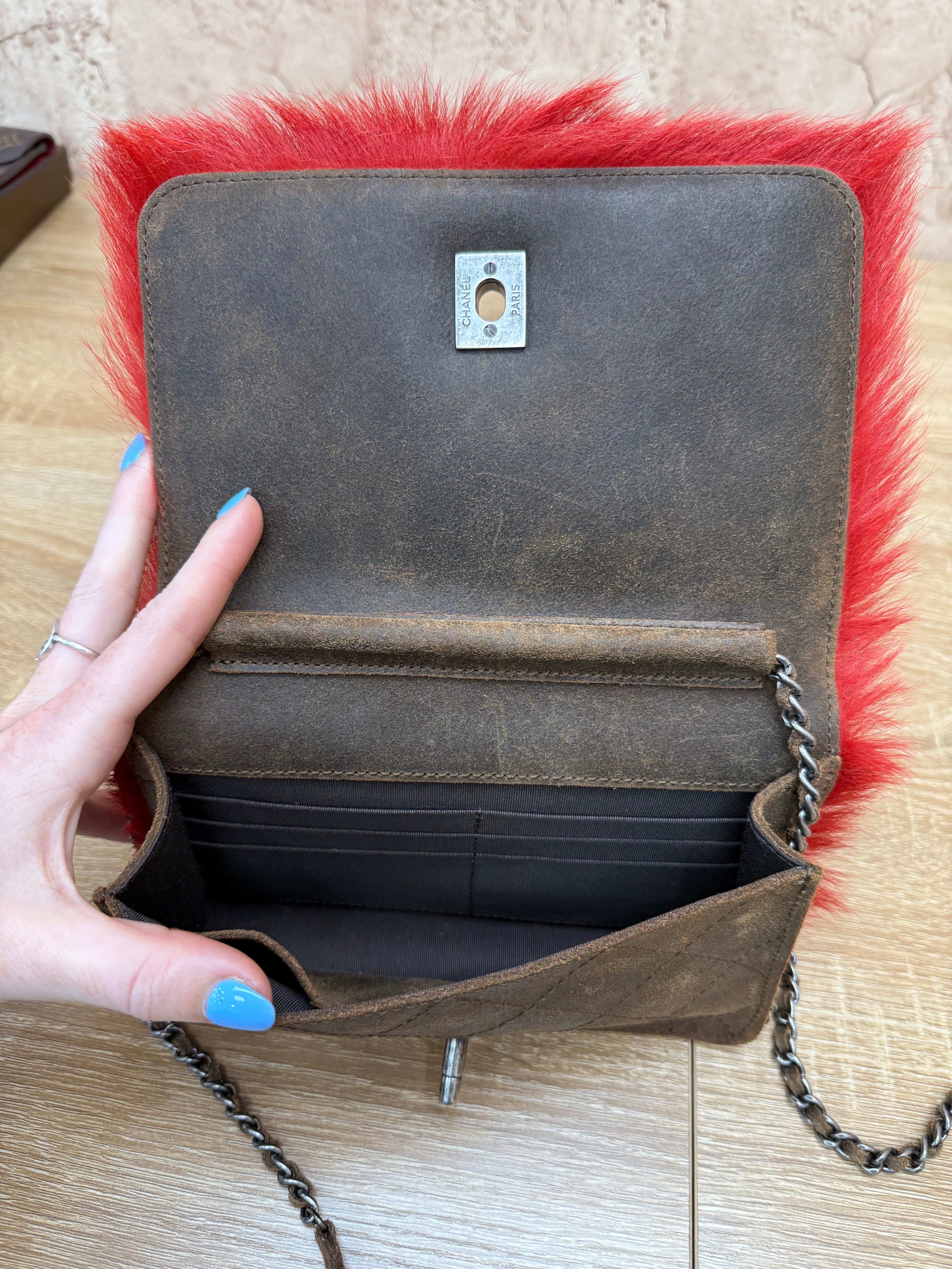 Chanel Red Goat Hair Wallet On Chain