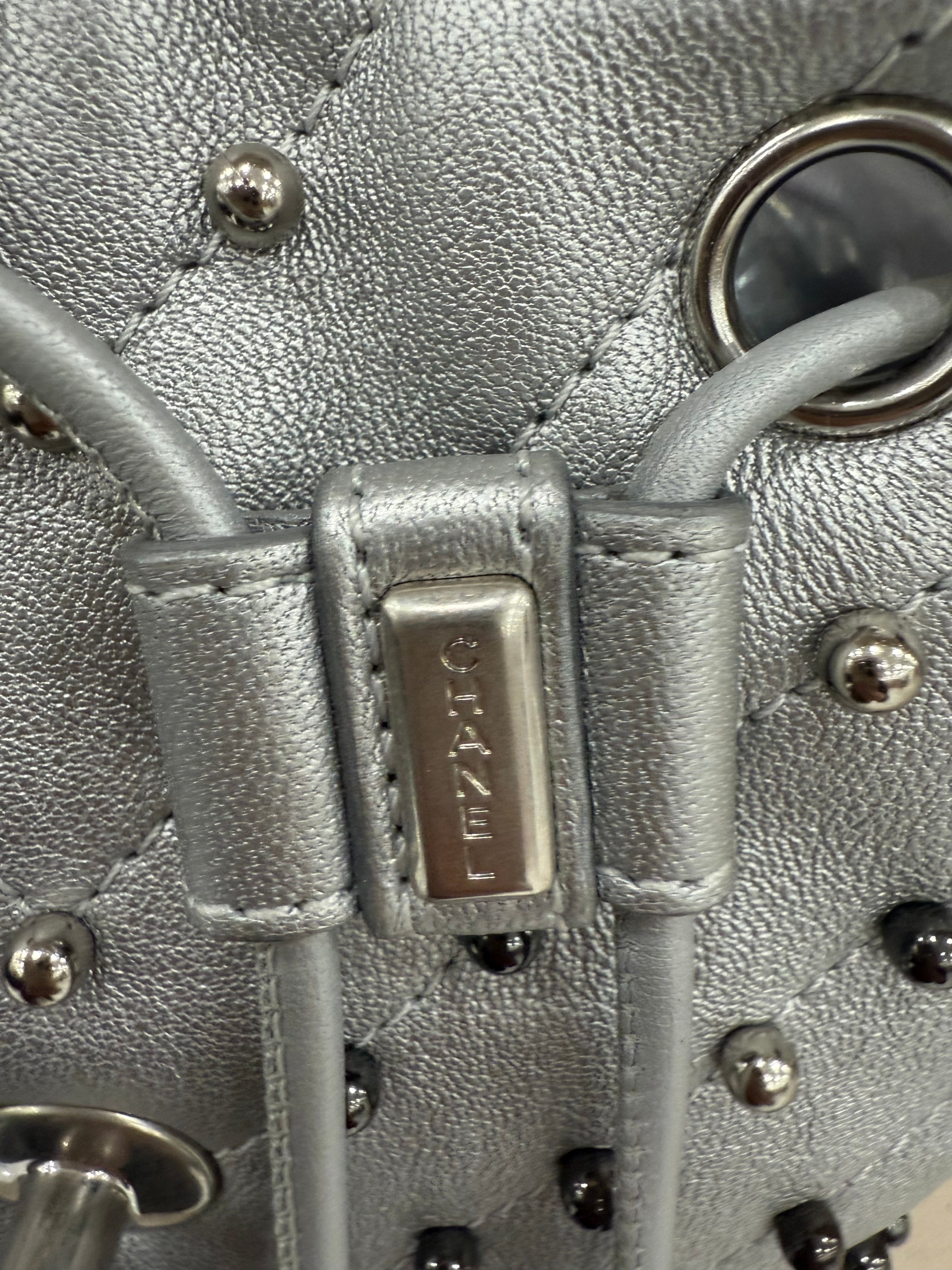 Chanel Silver Metallic Chevron Studded Backpack