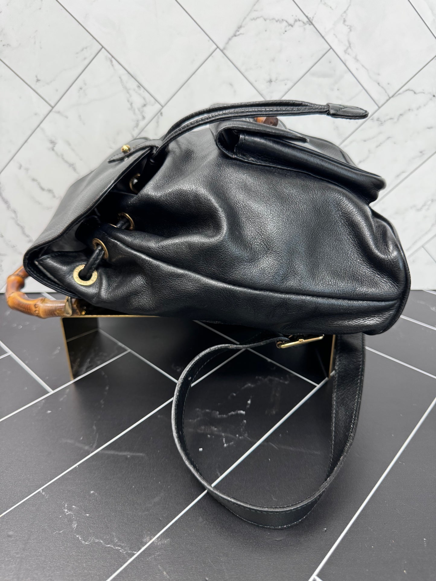 Gucci Black Leather Bamboo Small Backpack