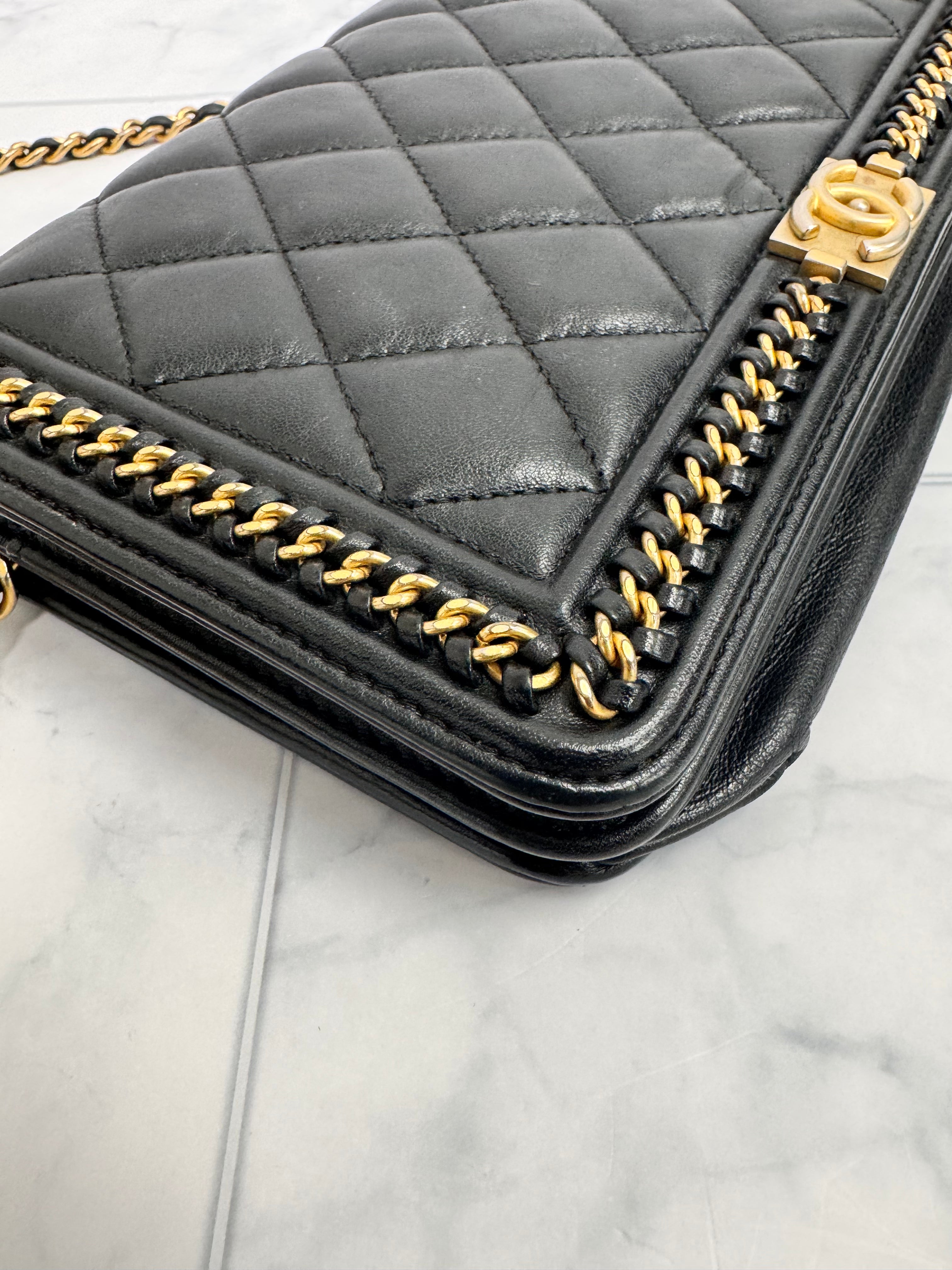 *DONS DROP* Chanel Black Quilted Leather Boy Wallet On A Chain