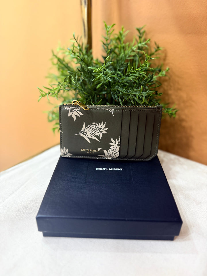 Saint Laurent YSL Green Leather Pineapple Zip Card Coin Case