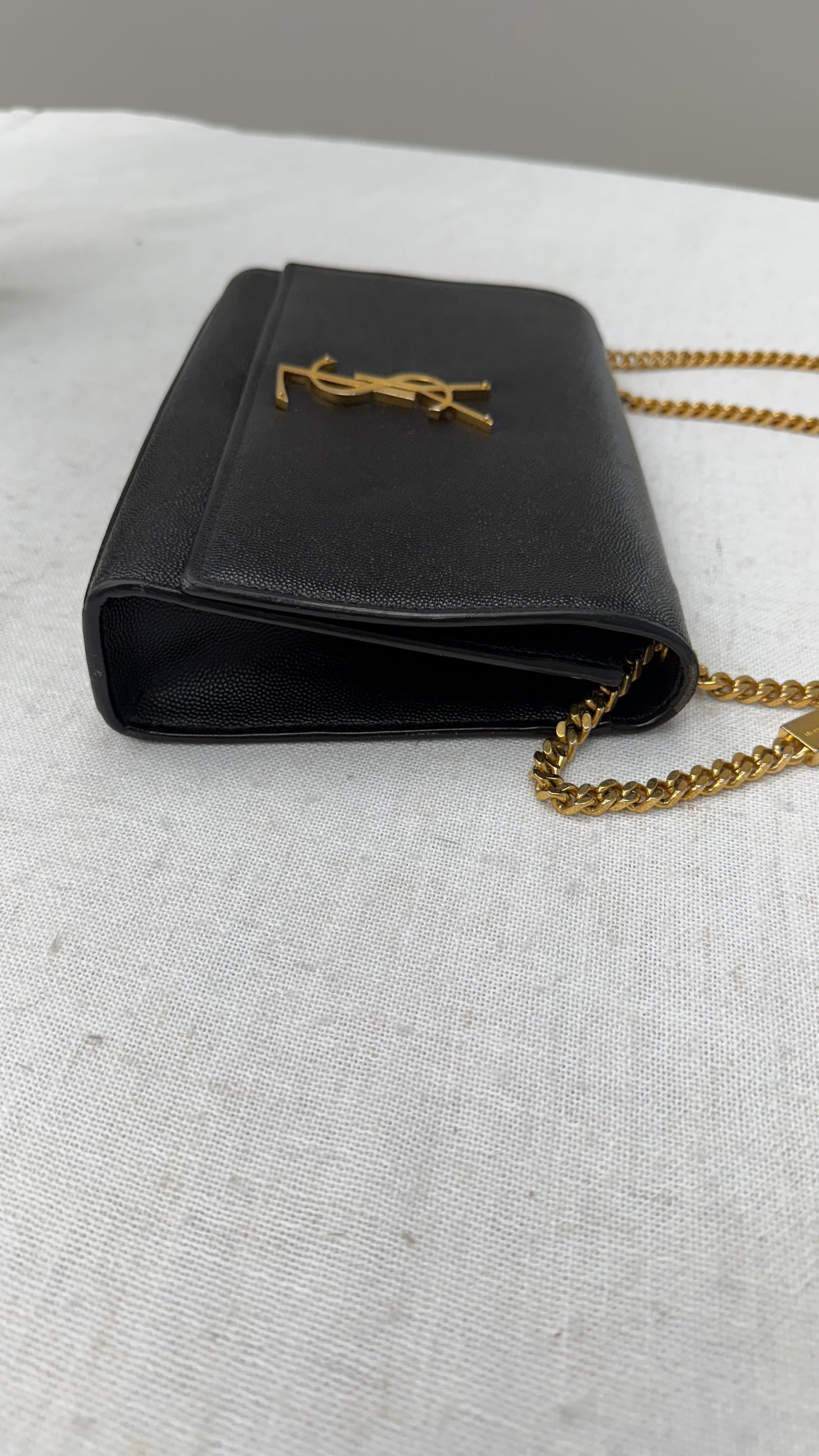 Saint Laurent YSL Black Pebbled Leather Kate Chain Bag