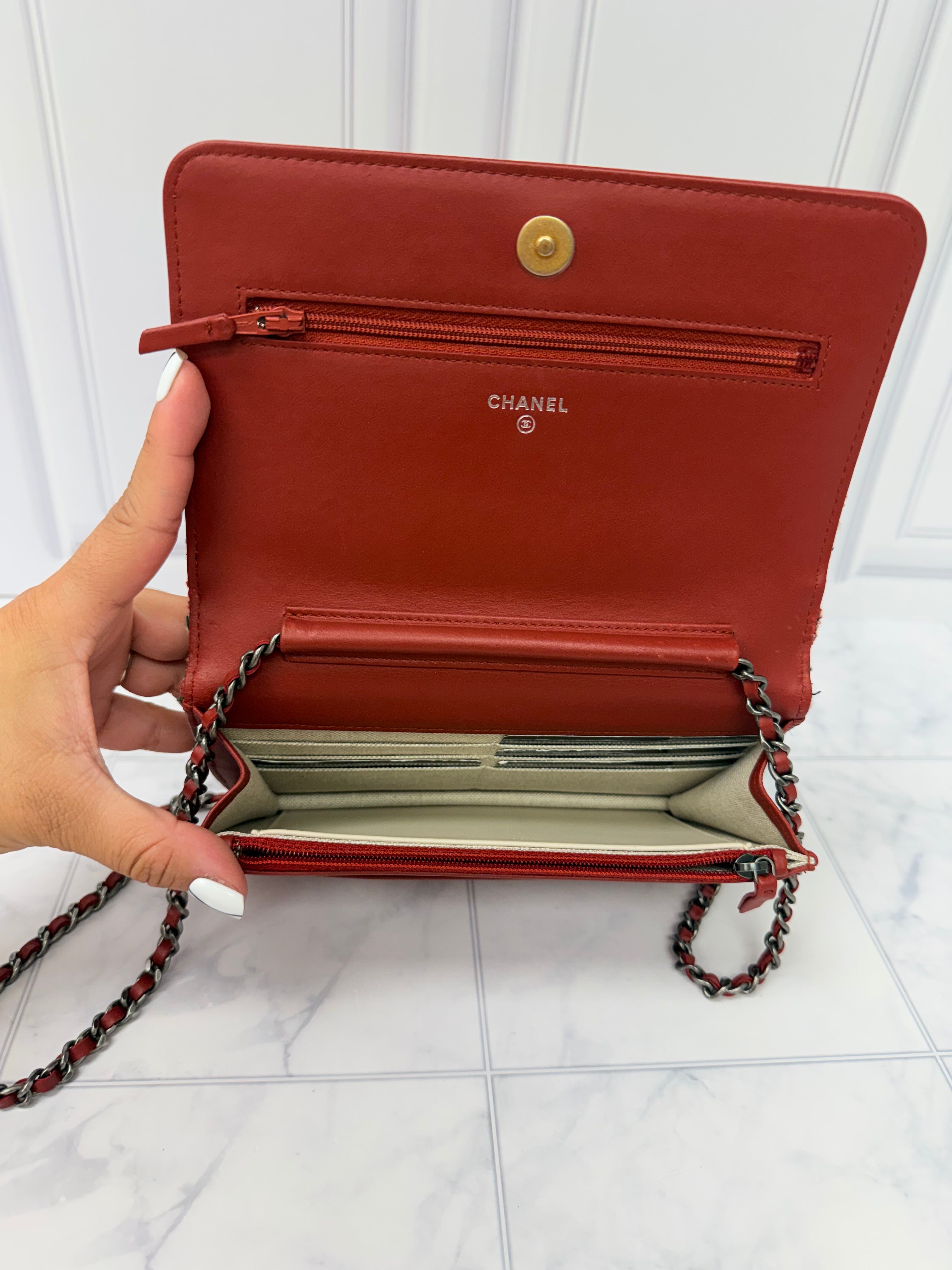 Chanel Brick Red Tweed And Leather Wallet On A Chain