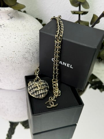 Chanel Black Leather & Tweed Gold Tone  Mirror Locket Necklace