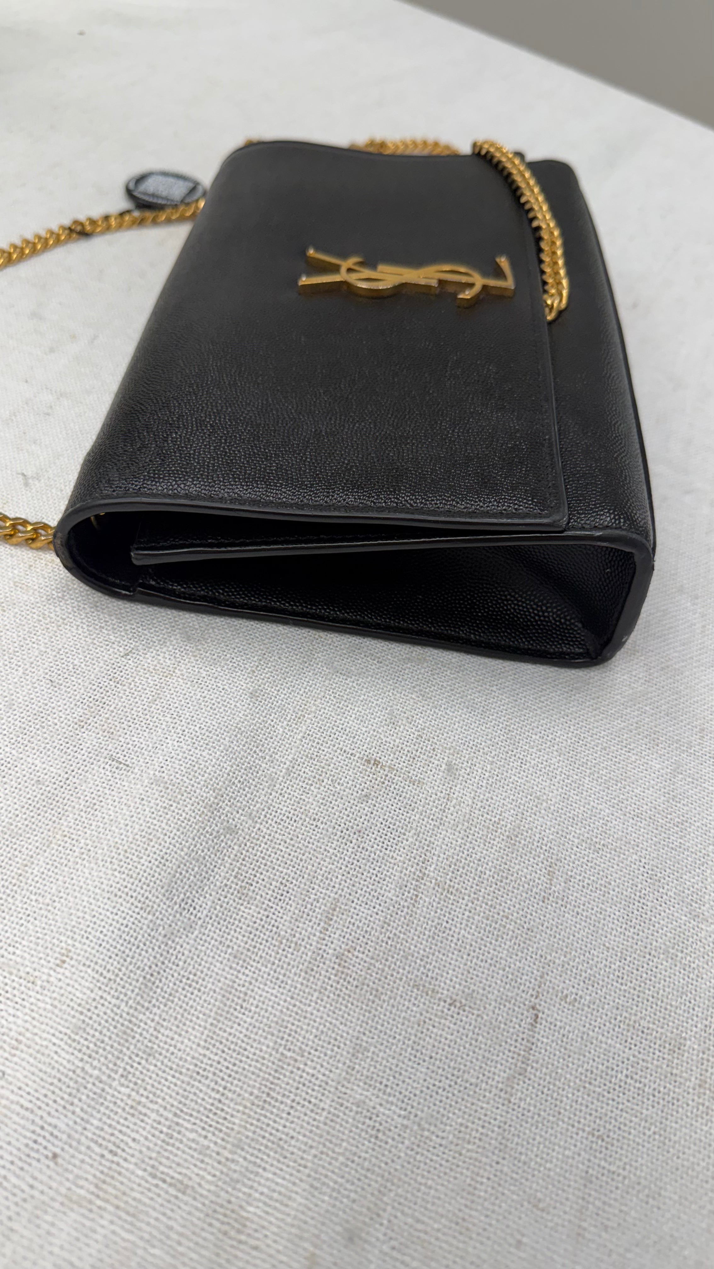 Saint Laurent YSL Black Pebbled Leather Kate Chain Bag