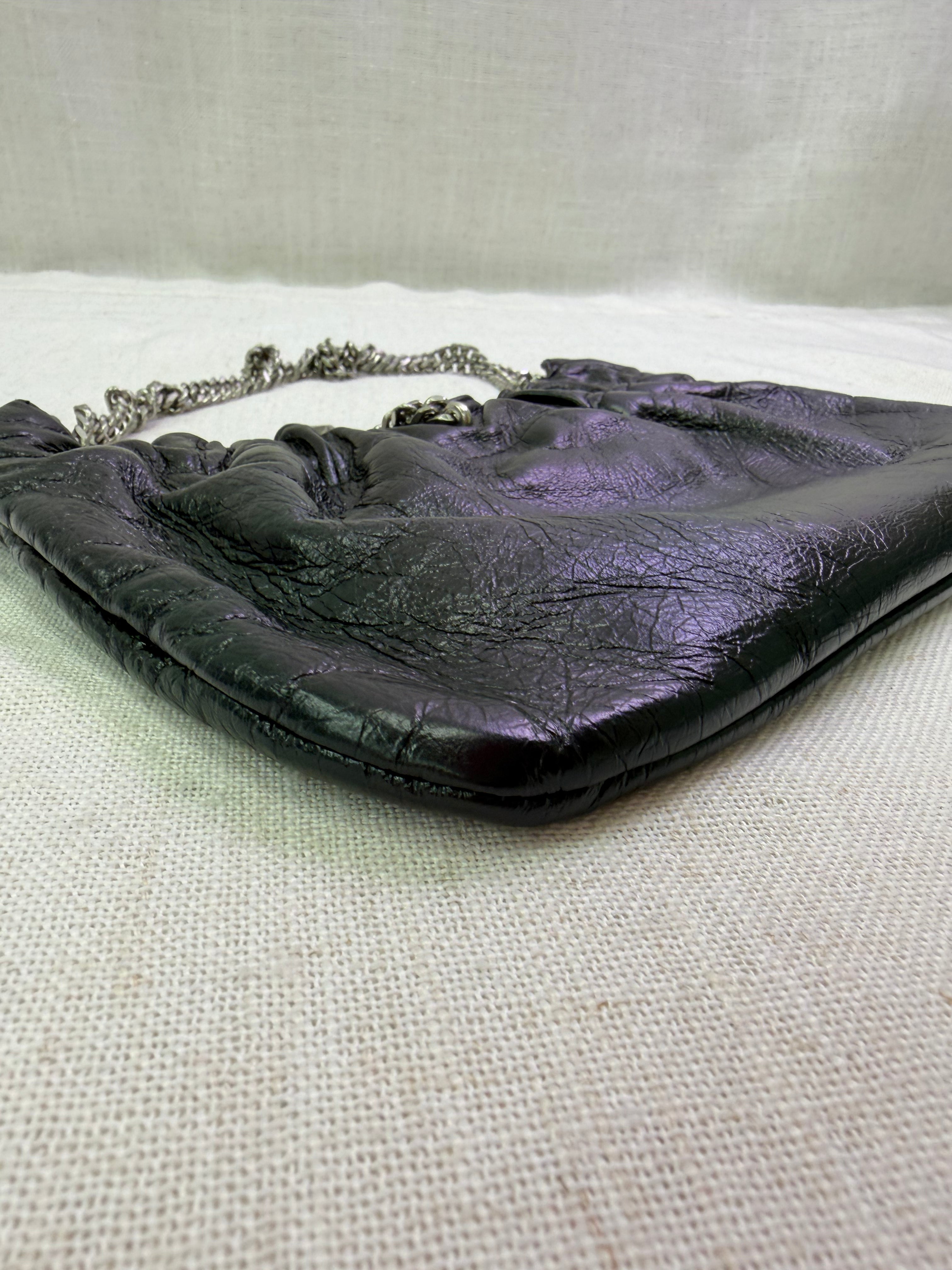 Saint Laurent YSL Black Crinkled Leather Pac Pac Ruched Hobo Bag