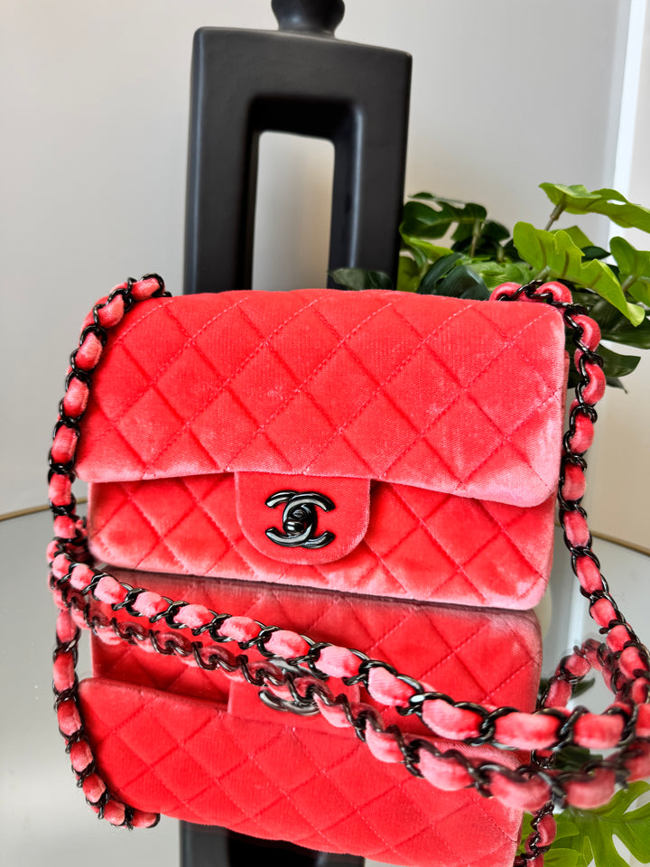 Chanel Coral Classic Single Flap Bag Quilted Velvet Mini