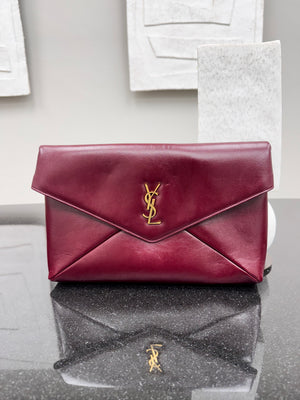 Saint Laurent YSL Burgundy Leather Cassandre Large Envelope Pouch