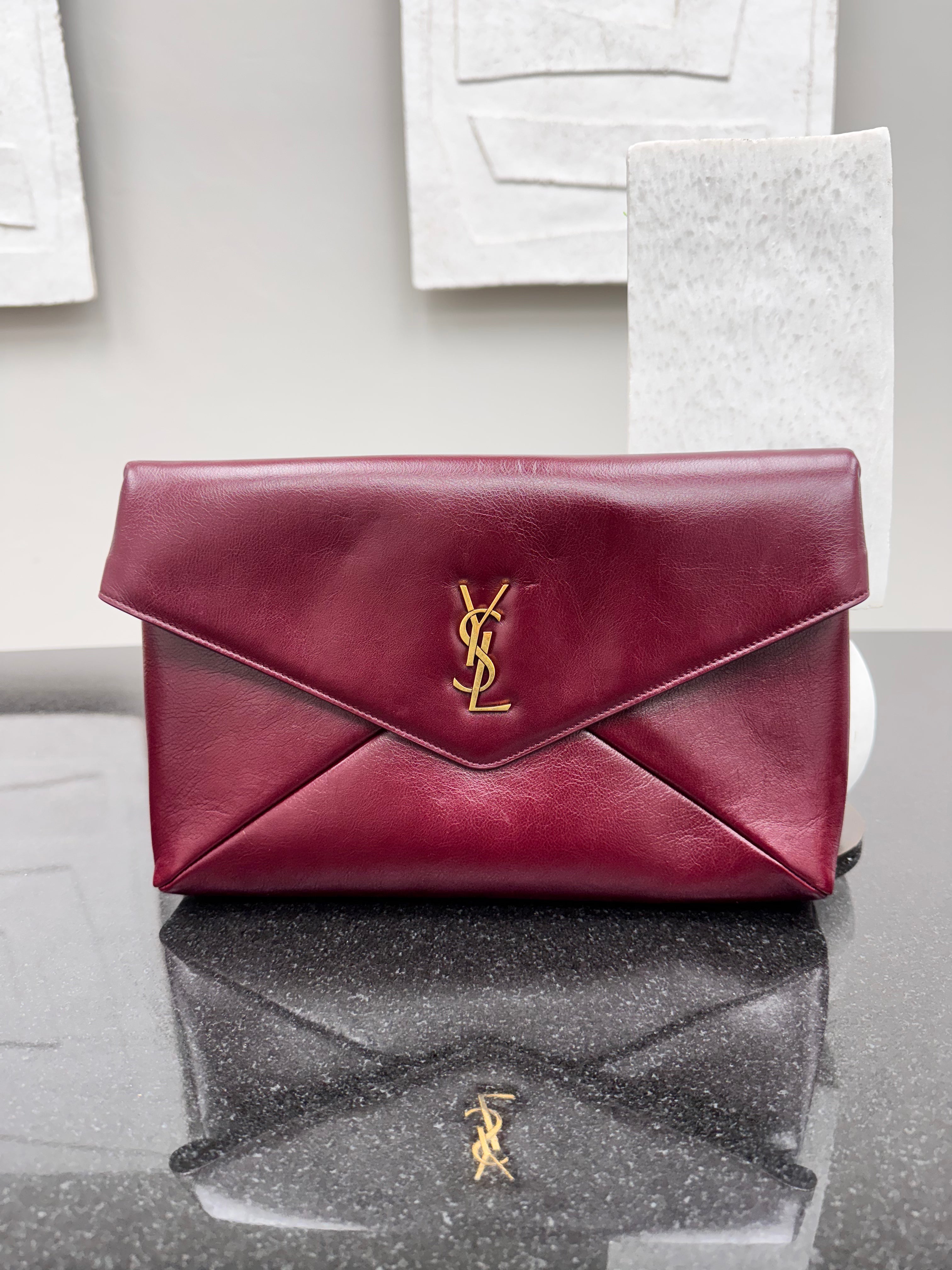 Saint Laurent YSL Burgundy Leather Cassandre Large Envelope Pouch