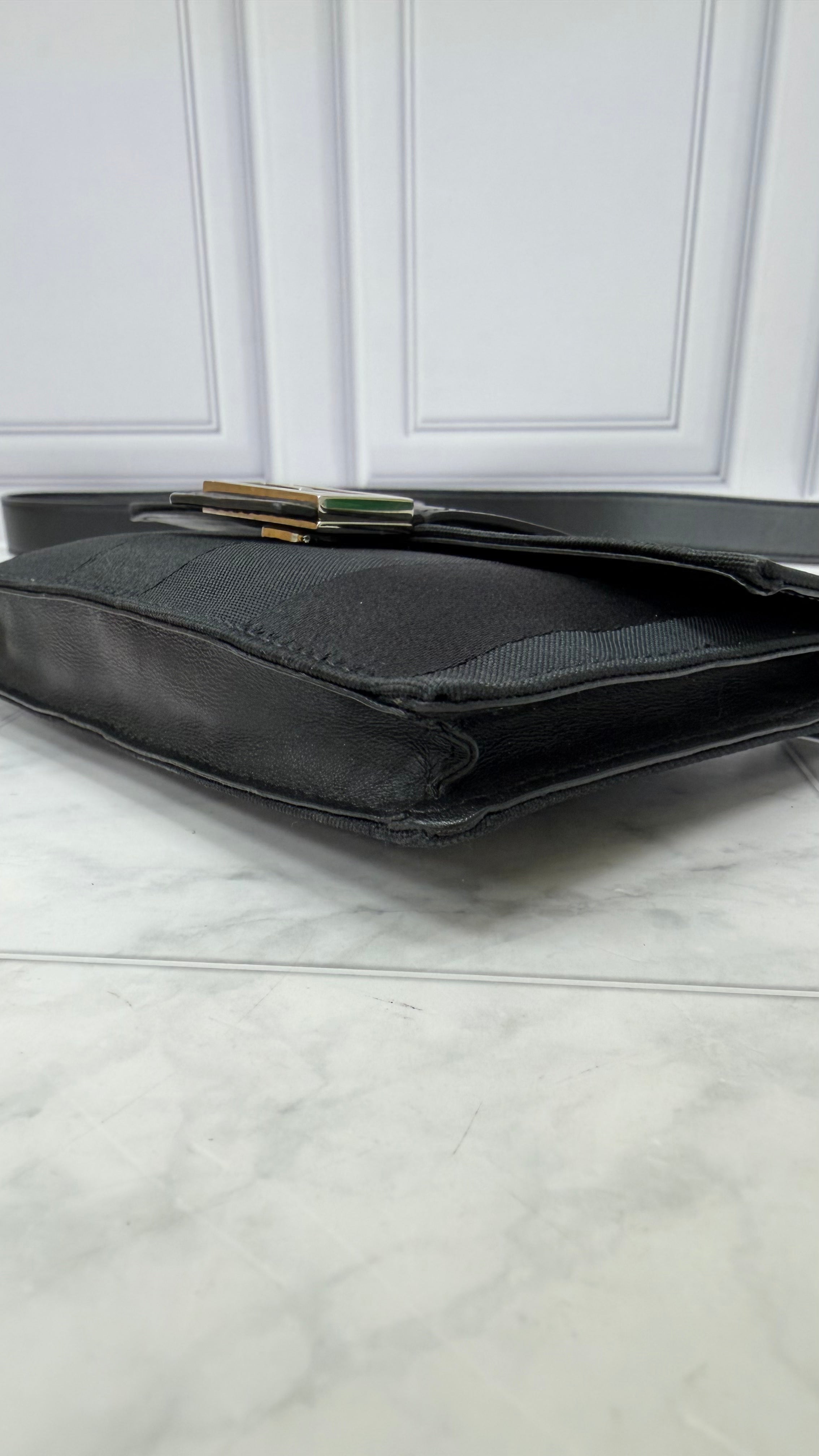 Fendi Black Striped Canvas Convertible Baguette Crossbody Pouch