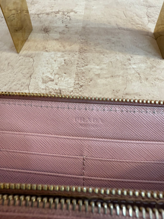 Prada Pink & White Diamond Leather Stitch Zippy Wallet